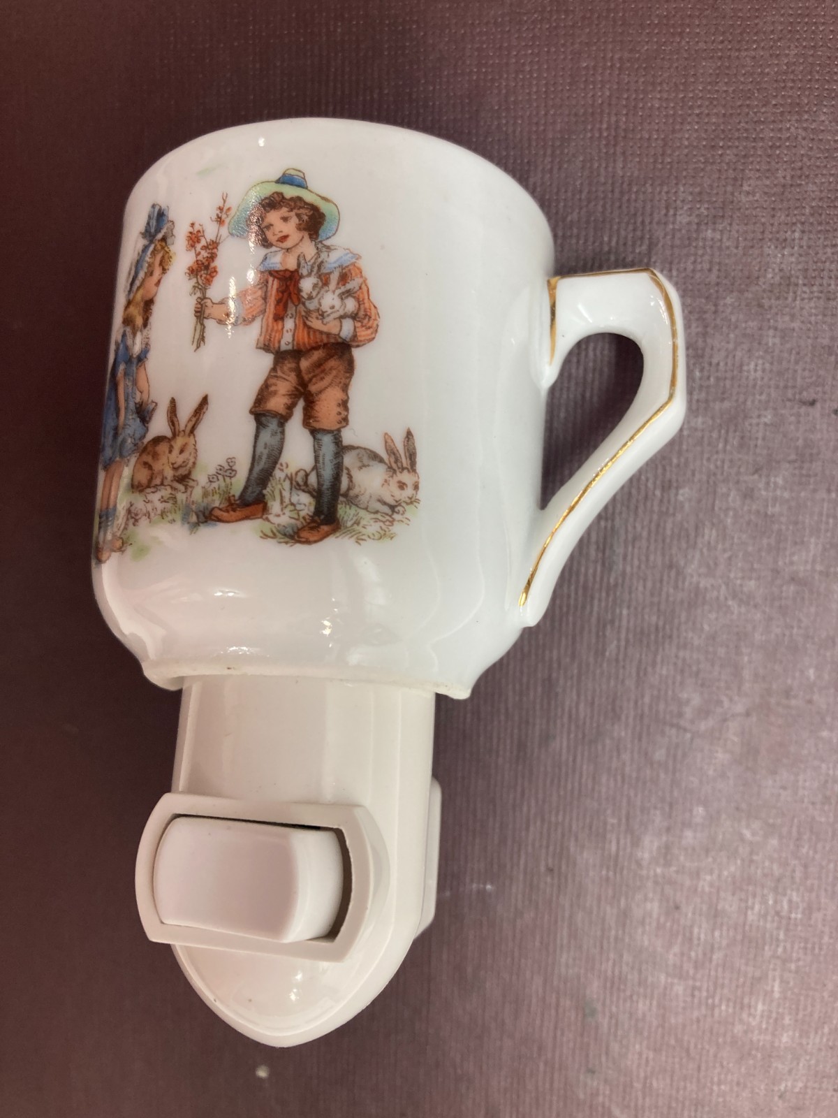 Vintage Miniature teacup night light boy girl and rabbit