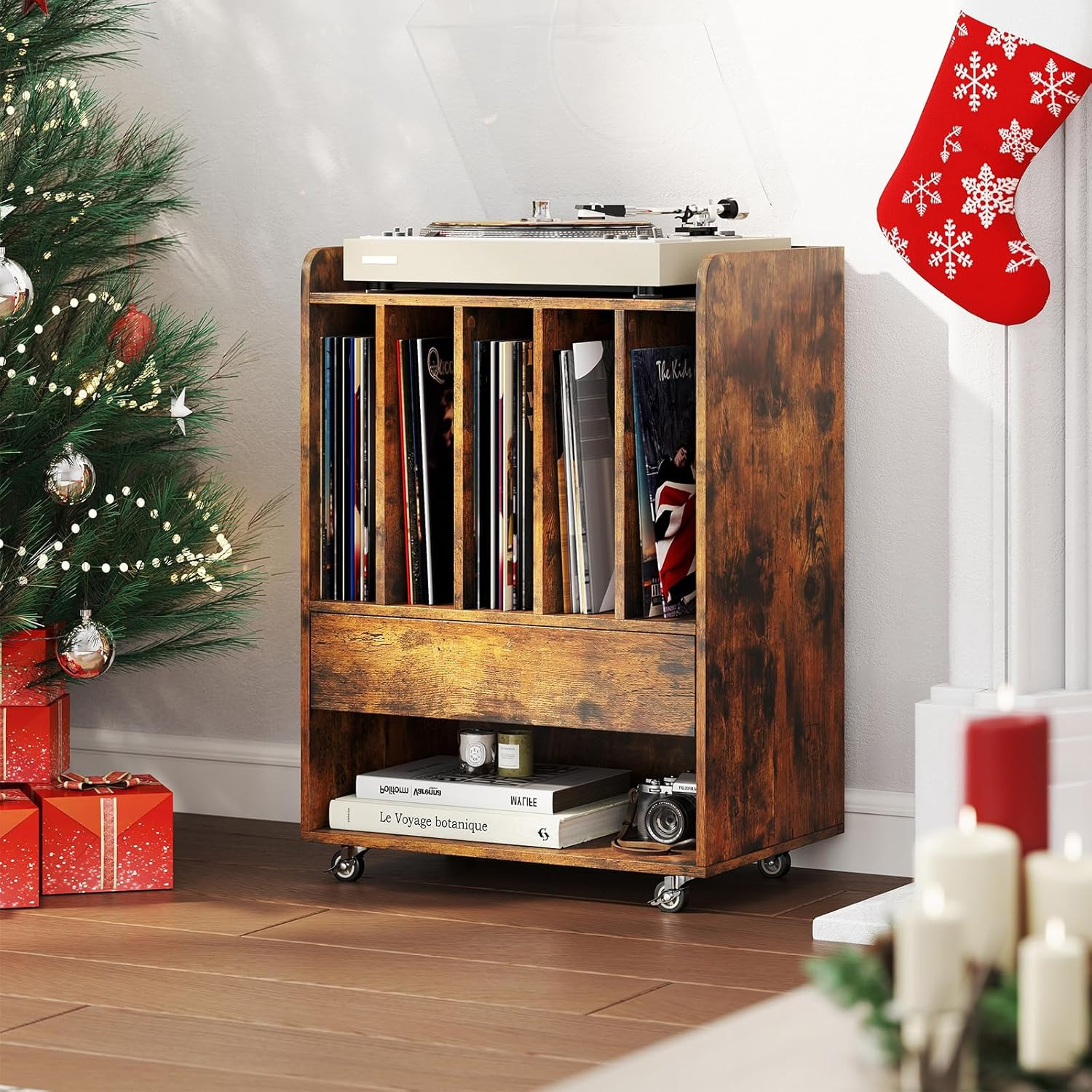 Record Player Stand, Rolling Turntable Stand with Drawer & Lockable Wheels, Reco