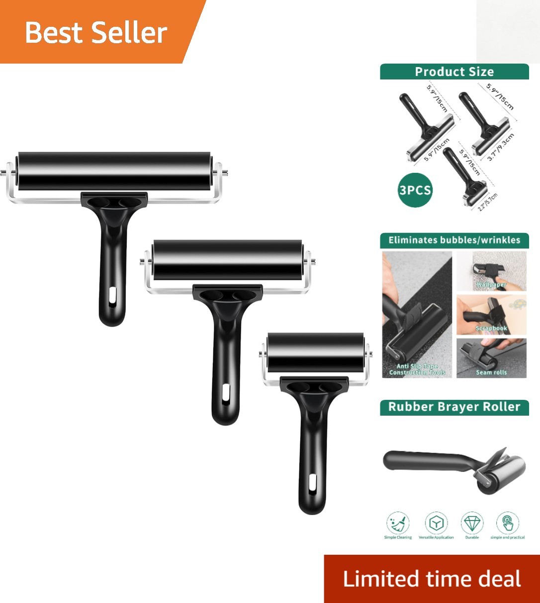 3-Pack Soft Rubber Brayer Rollers with Non-Slip Handles for Effortless Crafting