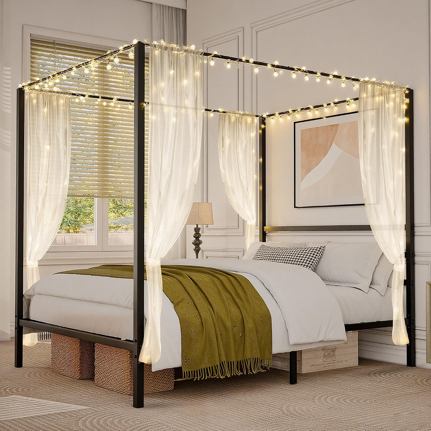 Queen Size Metal Canopy Bed Frame, Built-In Headboard Four Poster 14 Inch Platfo