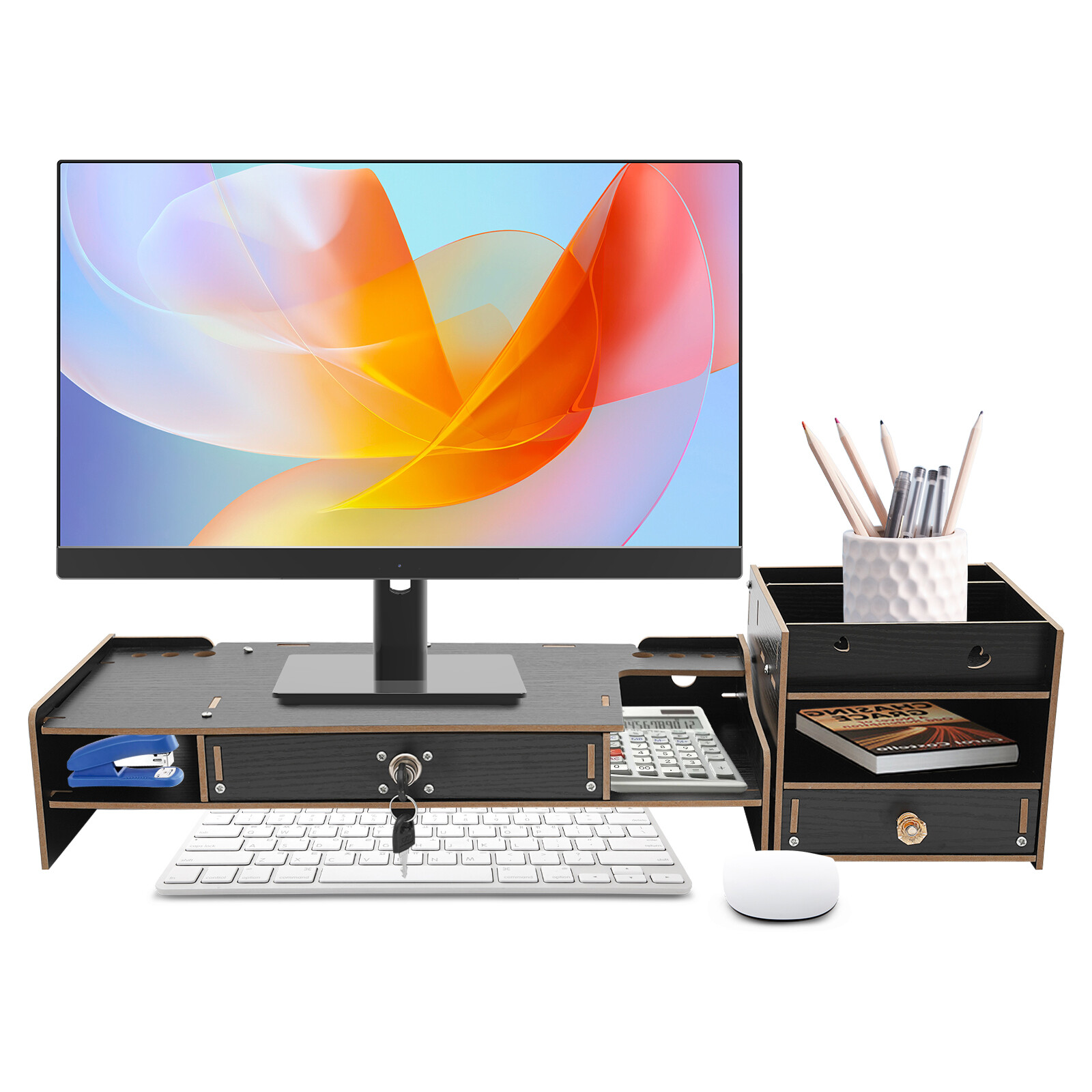 Lockable Drawer Monitor Riser with 180° Rotation – Black Desktop Organizer