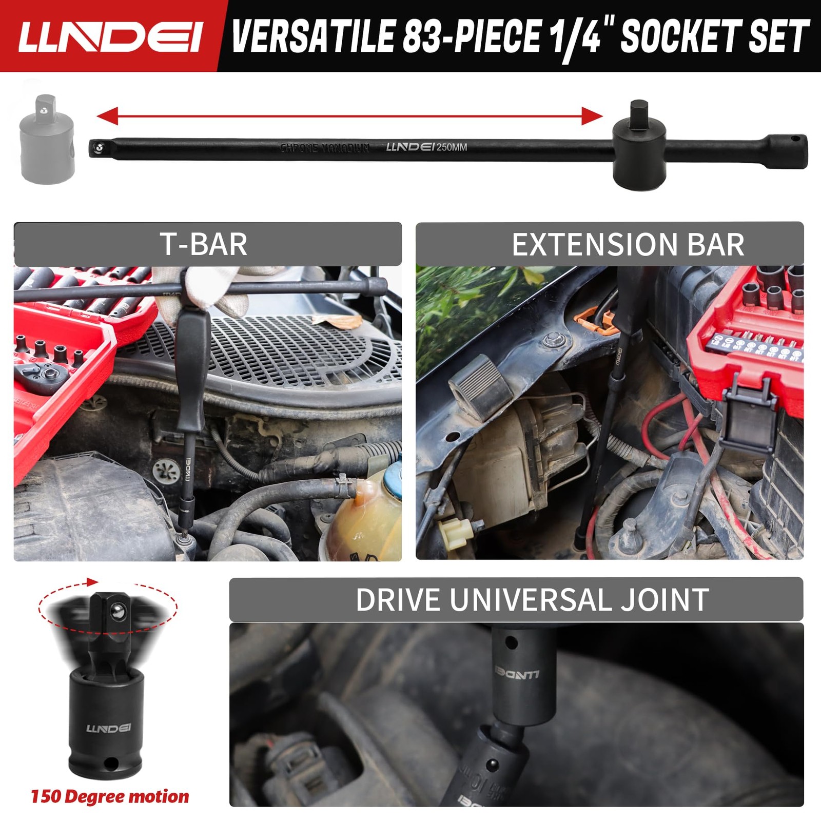LLNDEI 1/4 inch Drive 83-Piece 1/4" Impact Socket Set, Black