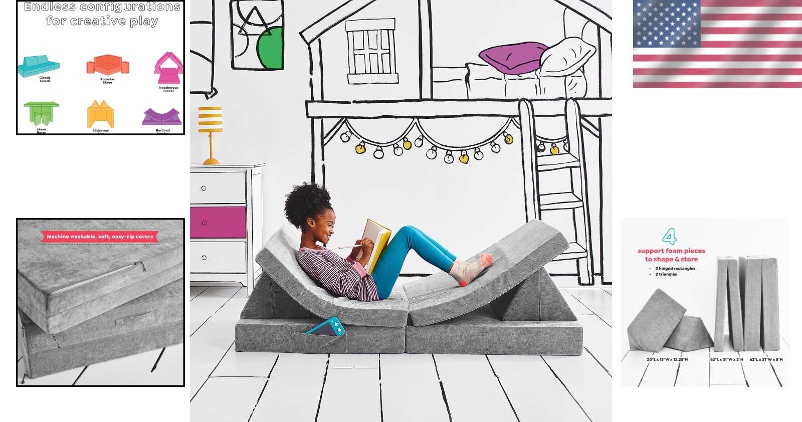 Durable 4-Piece Kids Play Couch in Mountain Gray - Transform Into Adventure