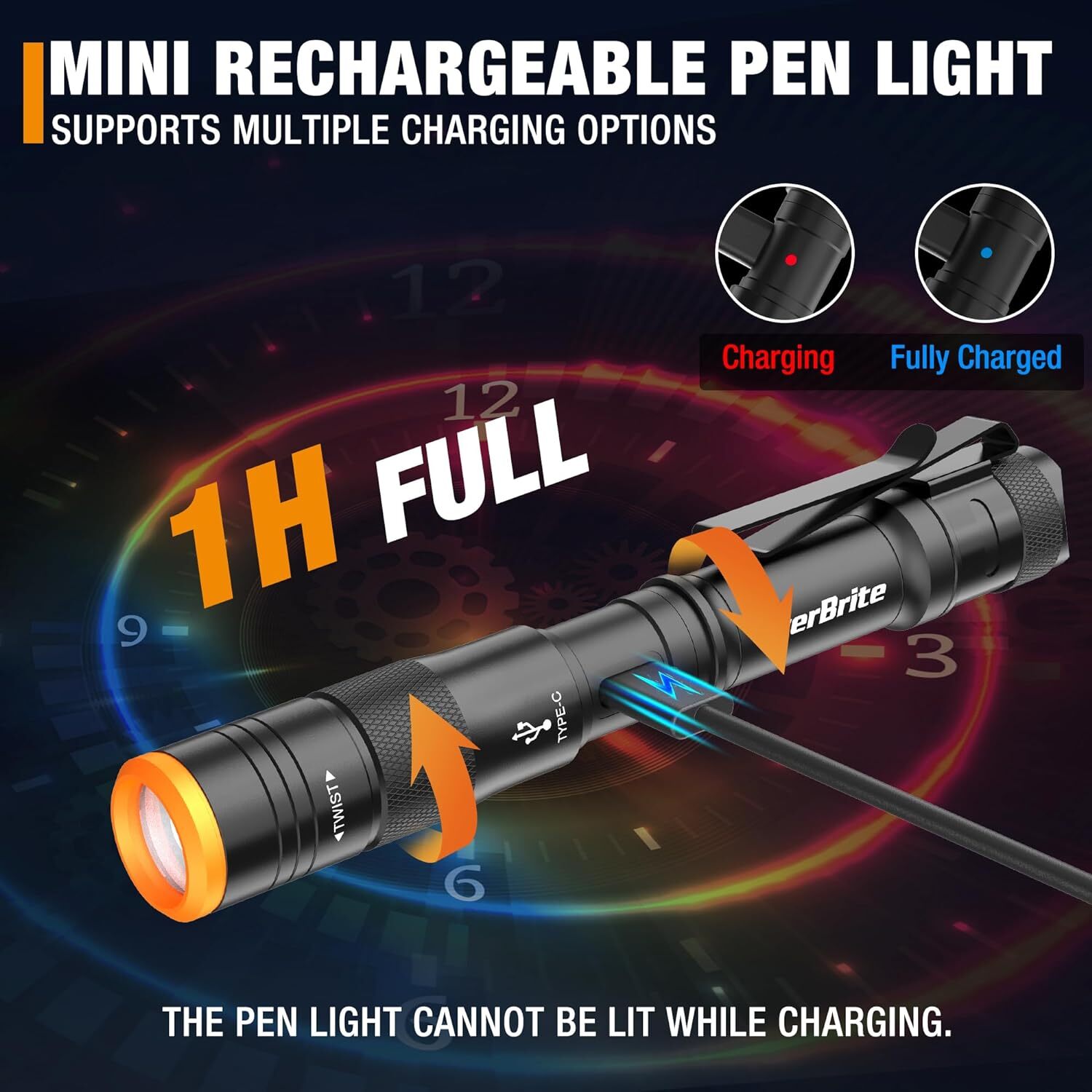 EverBrite Mini Pen Light, Rechargeable Pocket Pen Flashlight w/USB C Cable-Black