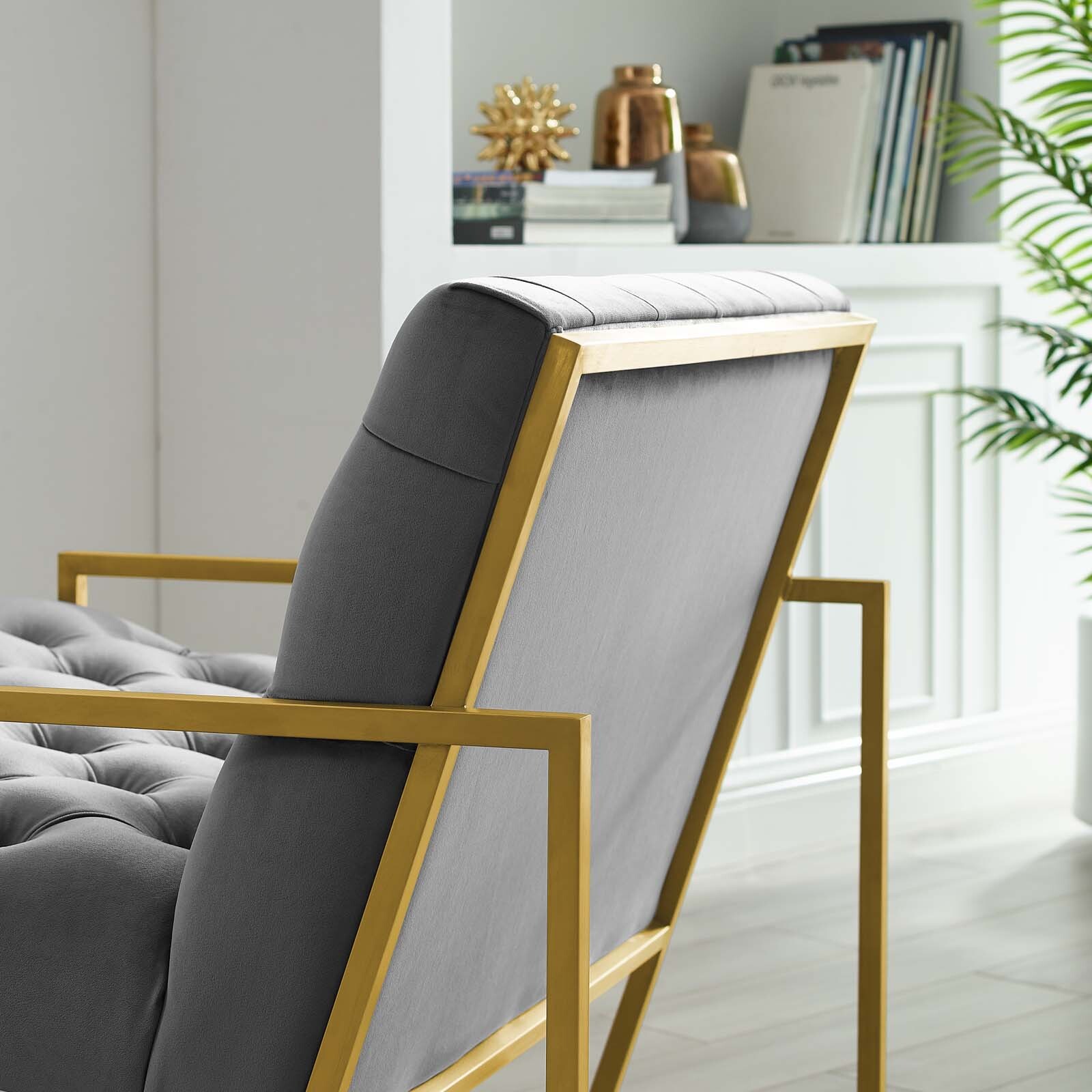 Modway Bequest Gold Stainless Steel Performance Velvet Accent Chair in Gray