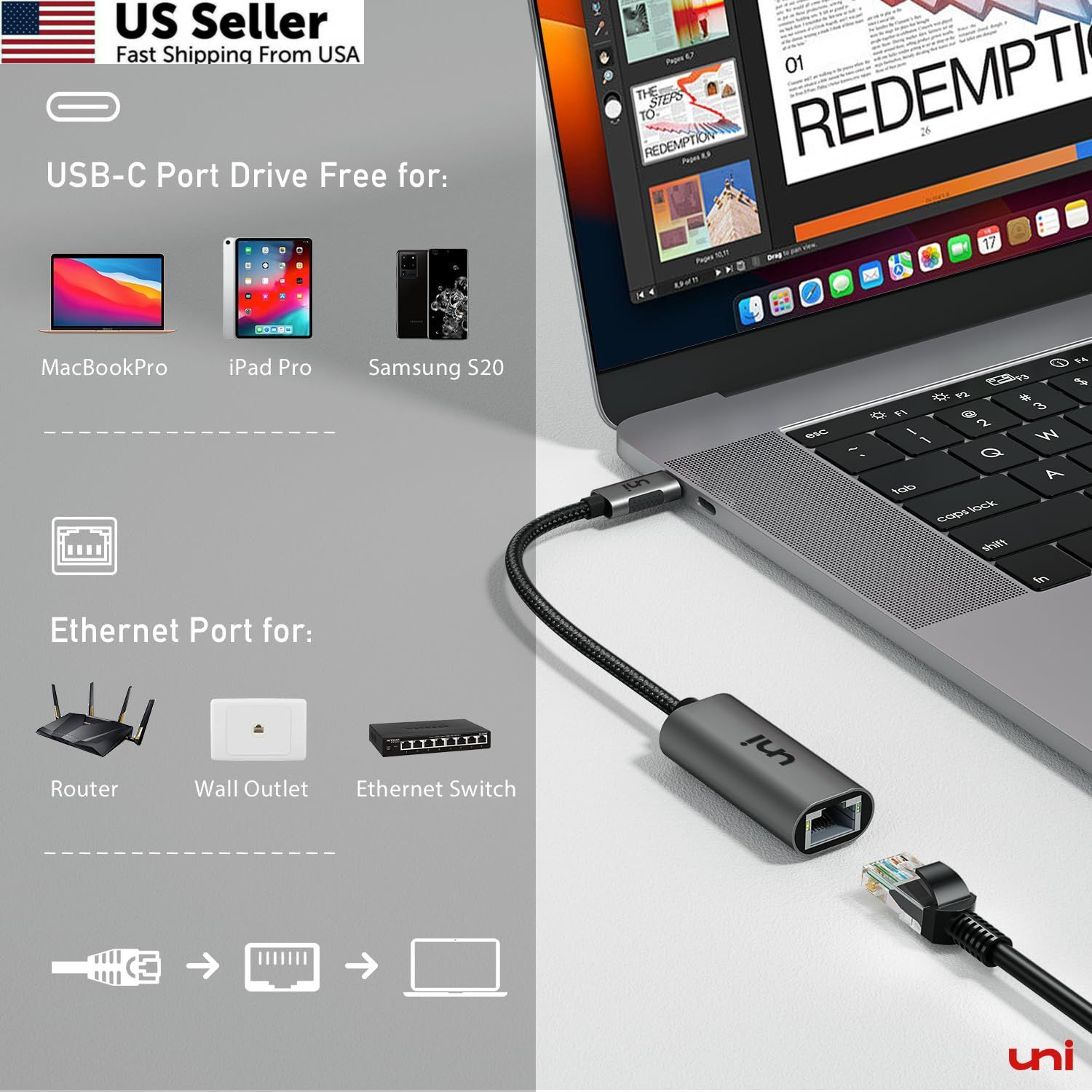 uni USB C to Ethernet Adapter, Driver Free RJ45 C [Thunderbolt Grey