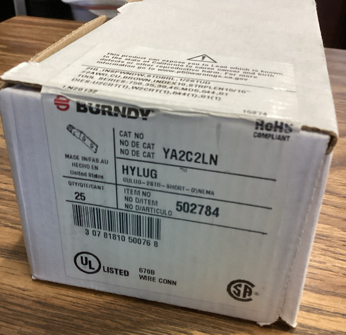 Box Of 25 Burndy YA2C2LN 2 AWG Stranded Copper 1/2" 2-Hole Compression Cable Lug