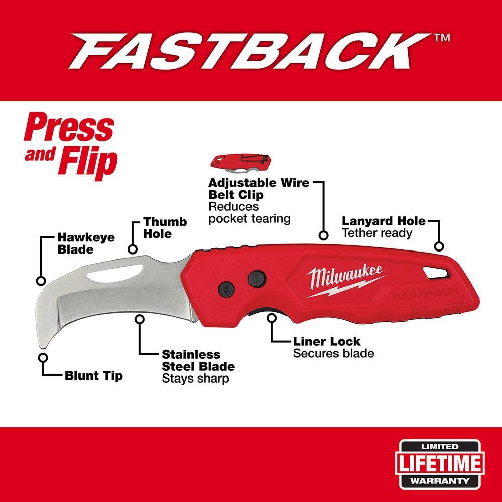 Milwaukee Fastback Blunt Tip Hawkbill Folding Knife