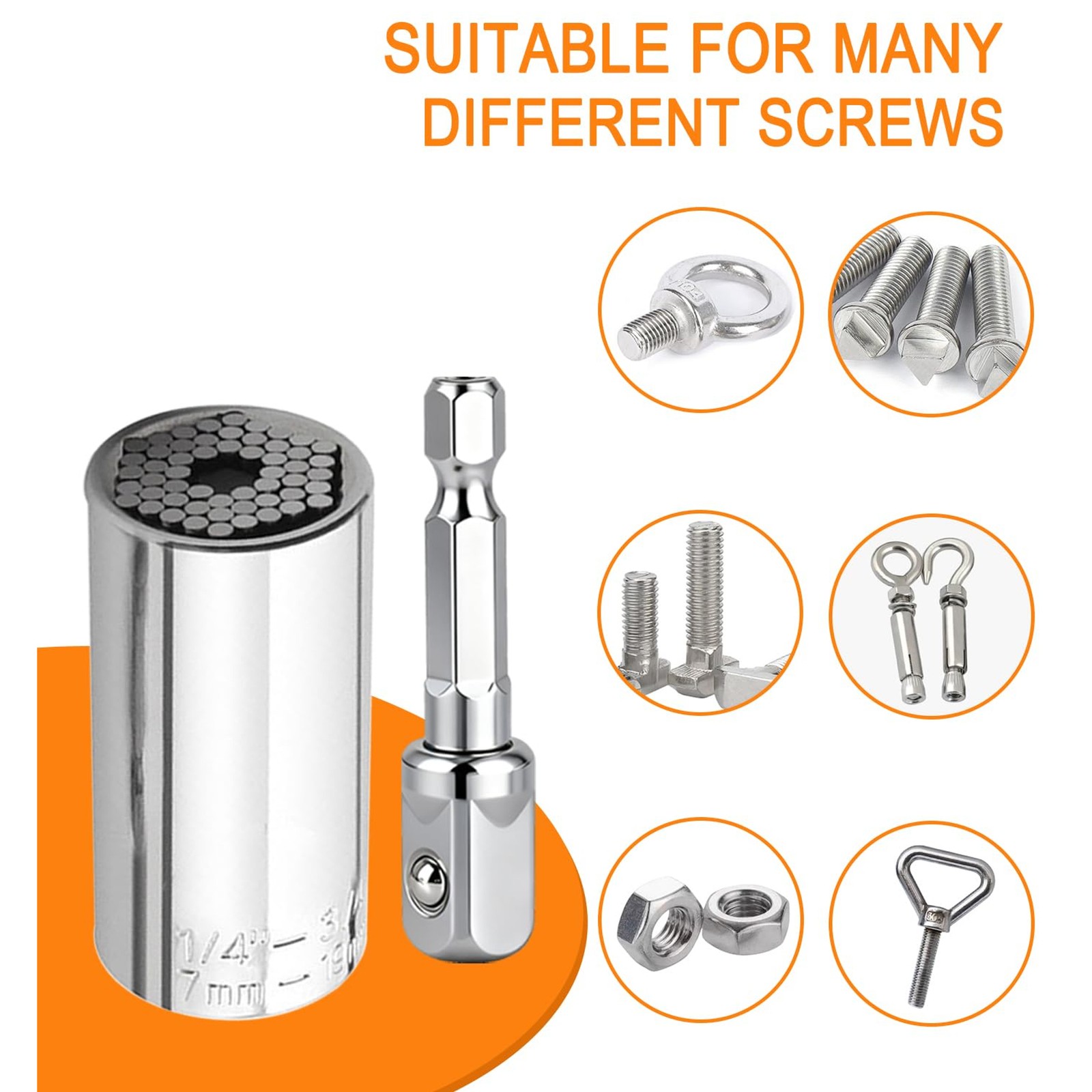 Universal Socket, 7-19mm Self-Adjusting Socket ，with Power Drill Adapters, Fits