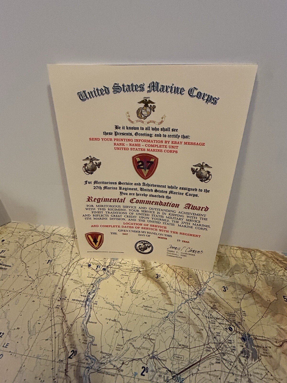 U.S.M.C. / 27TH MARINE REGIMENT - REGIMENTAL COMMENDATION AWARD CERTIFICATE