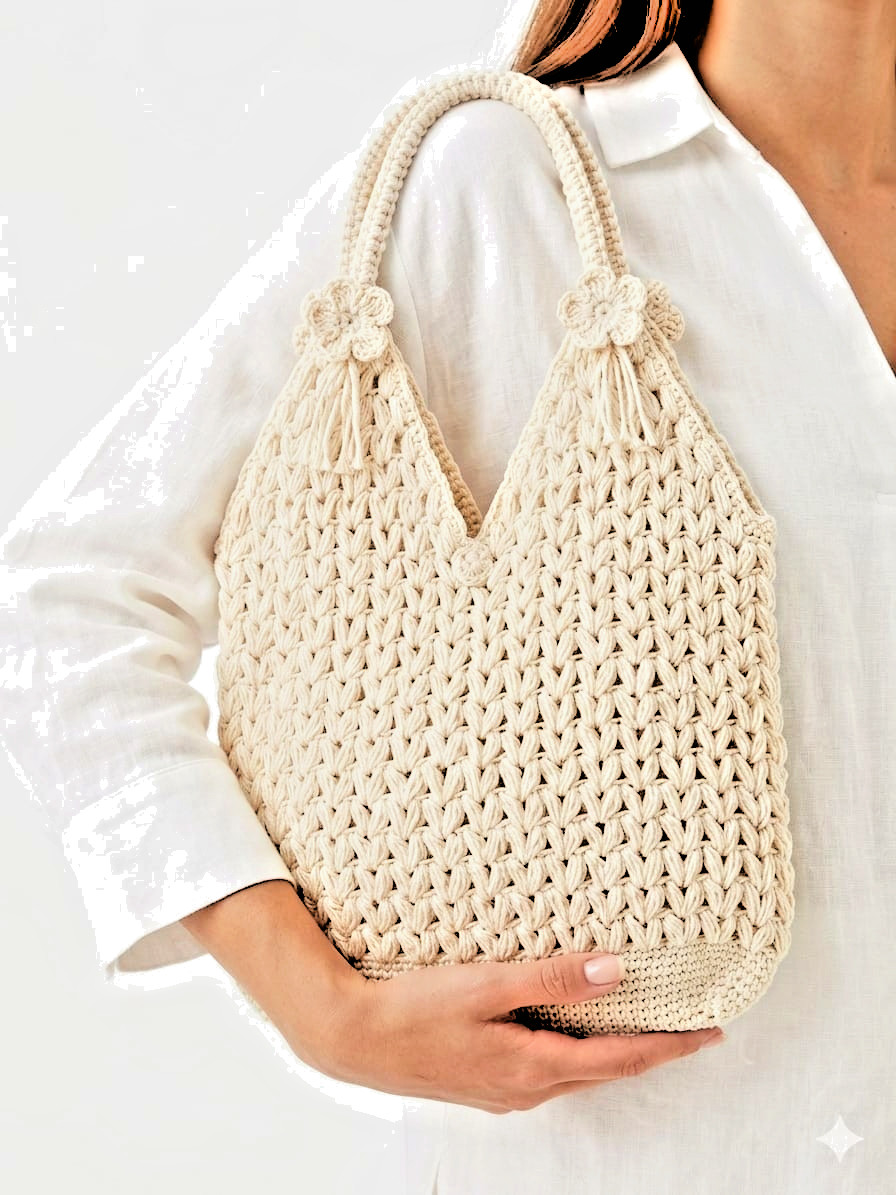 Handmade Crochet Handbag Ivory Woven Knit Tote Bag Woman Gift. Brand New