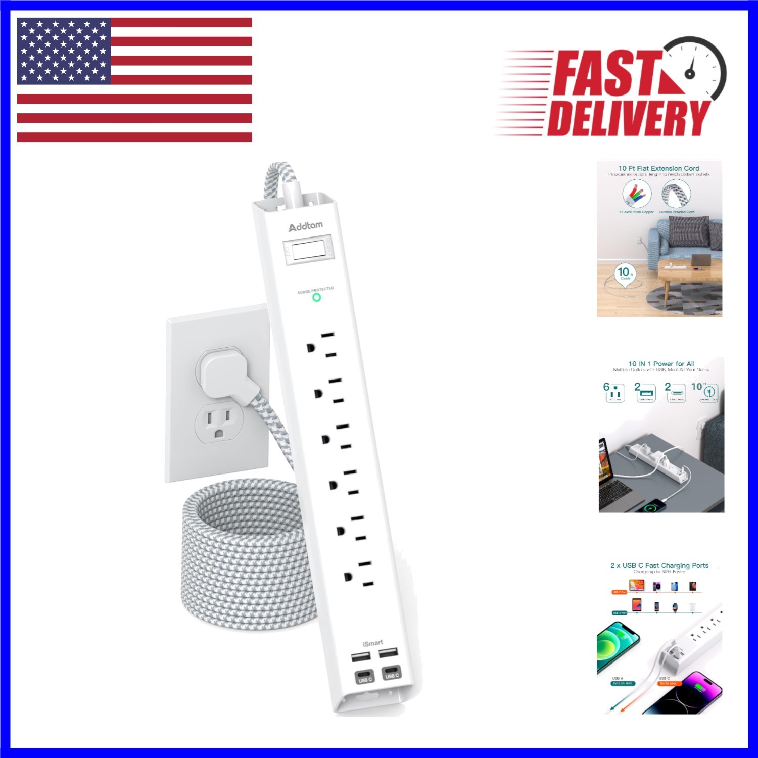 10 Ft Flat Plug Power Strip with 6 AC Outlets & 4 USB Ports for Smart Charging