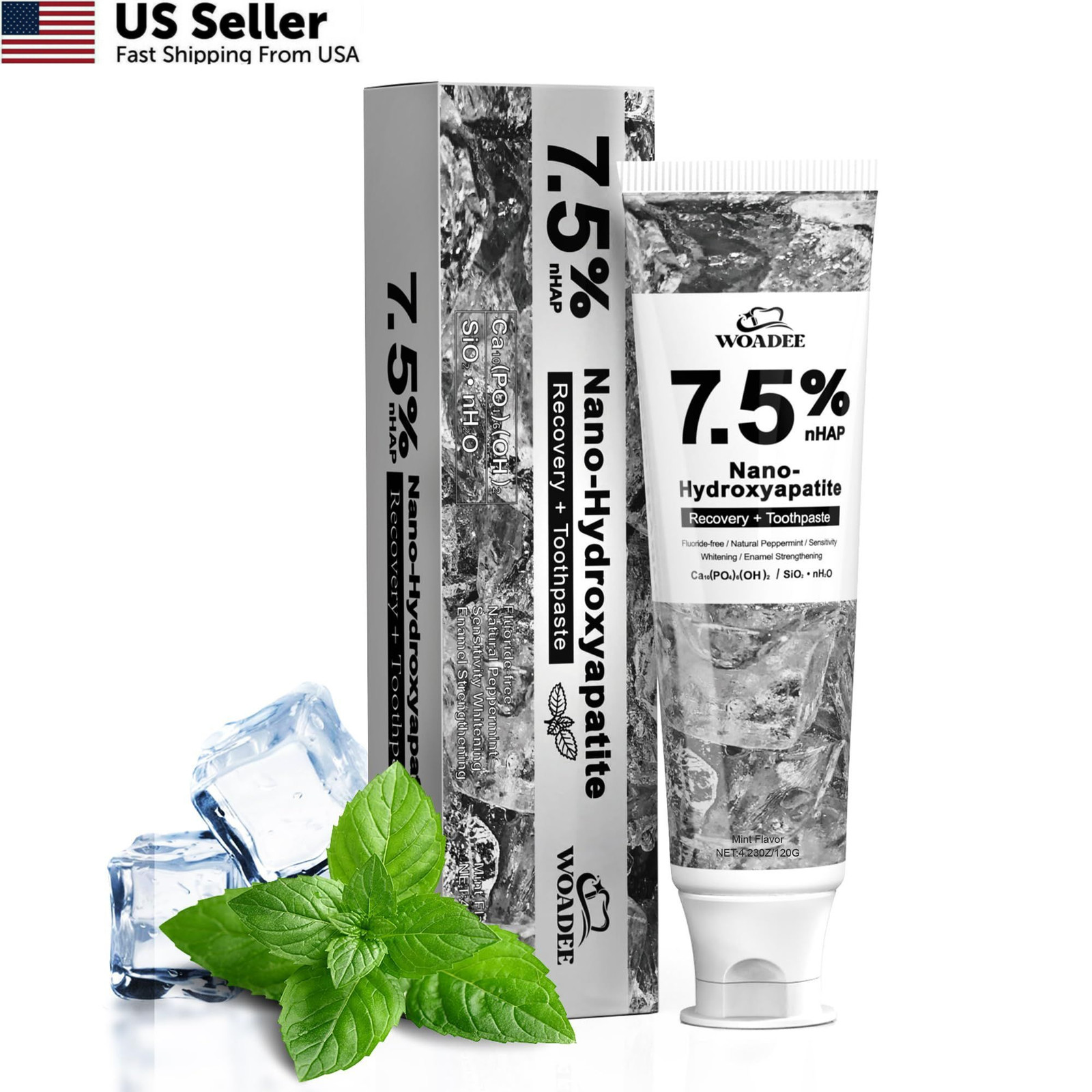 7.5% Nano Hydroxyapatite Toothpaste Fluoride Free Whitening Fresh Mint 4.23 oz