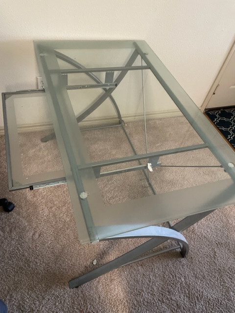 Glass Computer Desk with Pull-Out Keyboard Tray.
