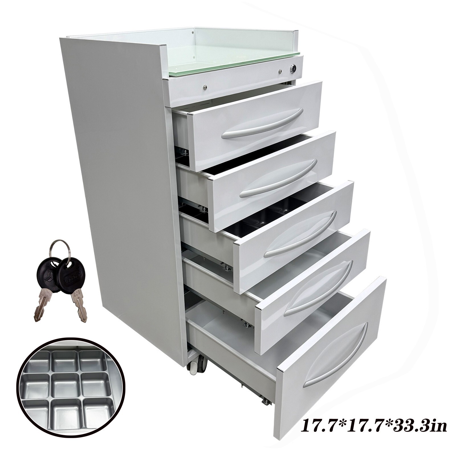 Office Mobile Cabinet Cart Beauty Medical Storage Trolley 17.7*17.7*33.3in