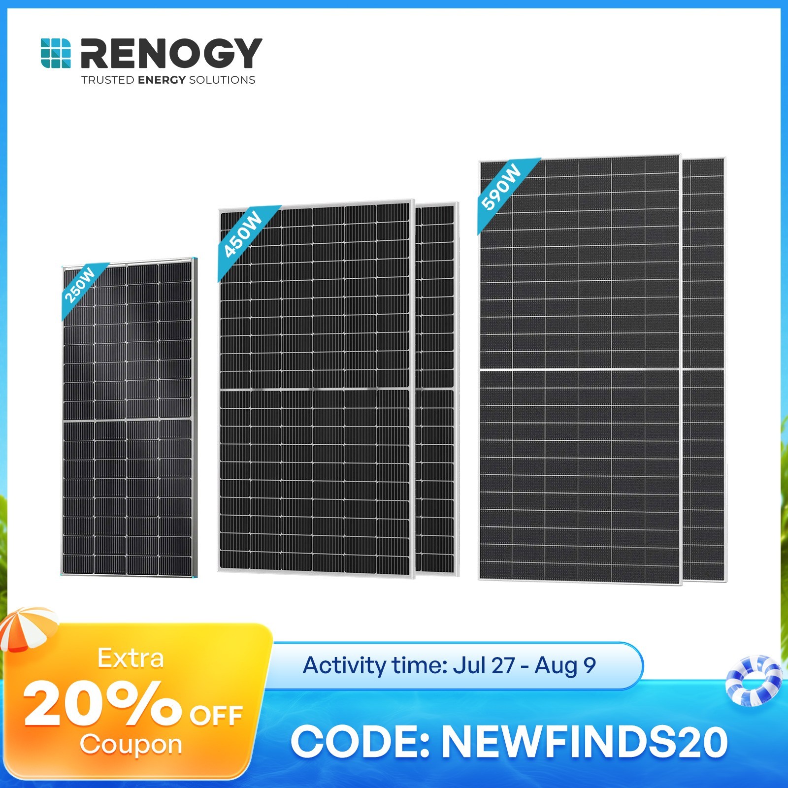 Renogy N-Type Bifacial Solar Panel 590W 250W Monocrystalline High-Efficiency