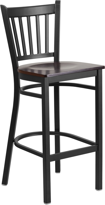 Black Vertical Back Metal Restaurant Barstool with Walnut Wood Seat