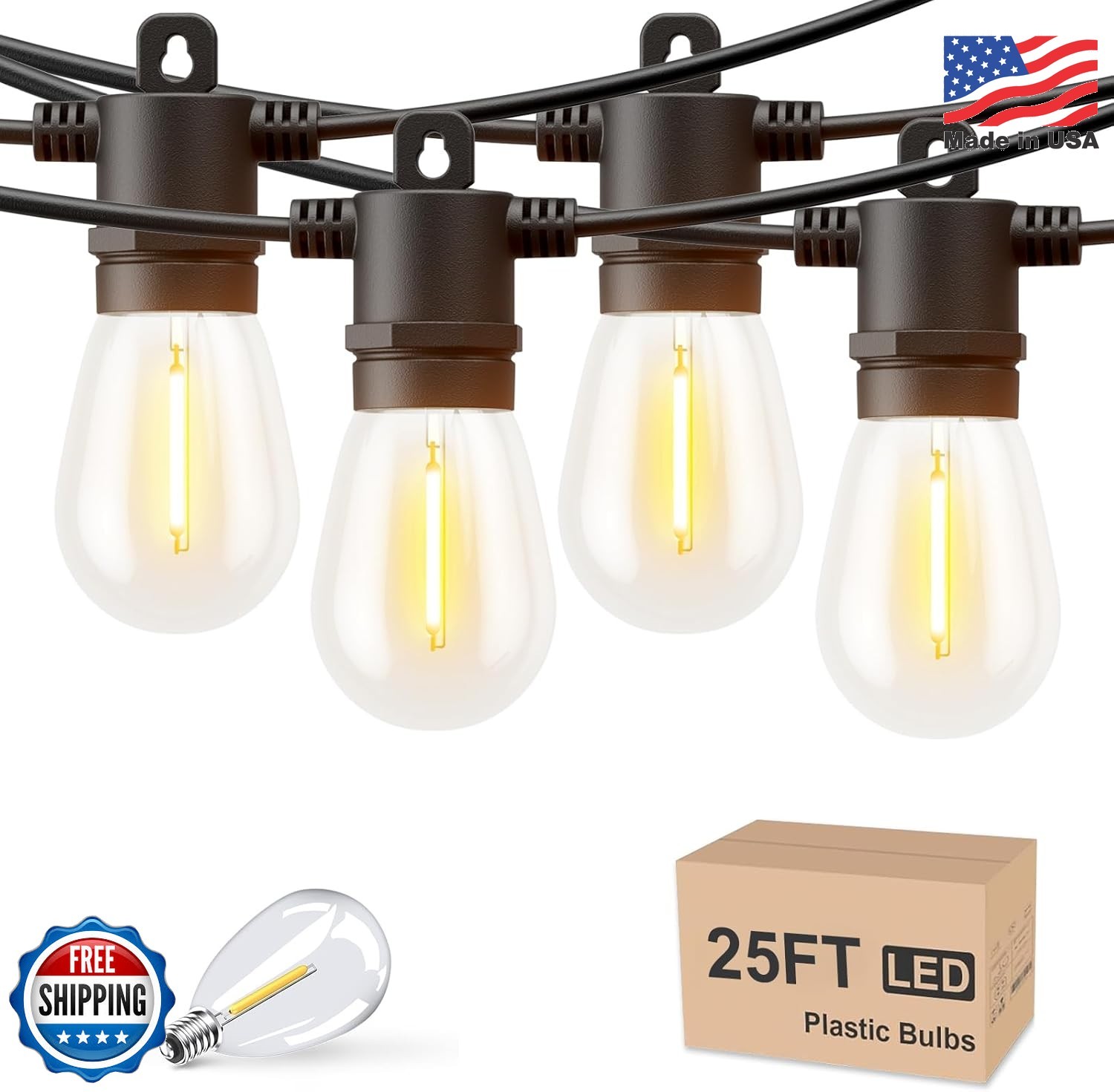 Svater 25 FT LED Outdoor String Lights Black Waterproof IP65 Dimmable