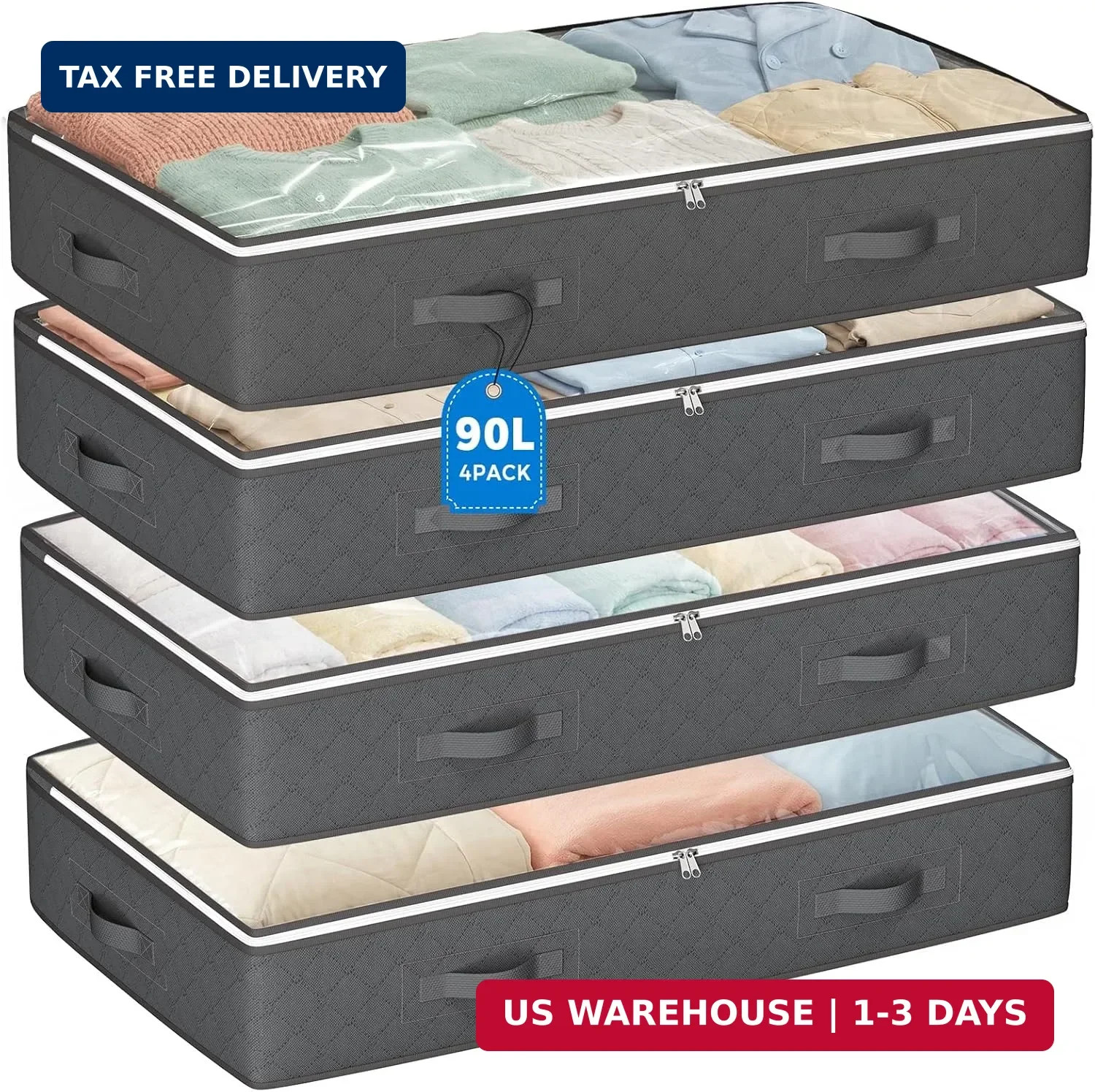 90L Under Bed Storage Containers, 4 Pack Closet Organizers Grey | Foldable under