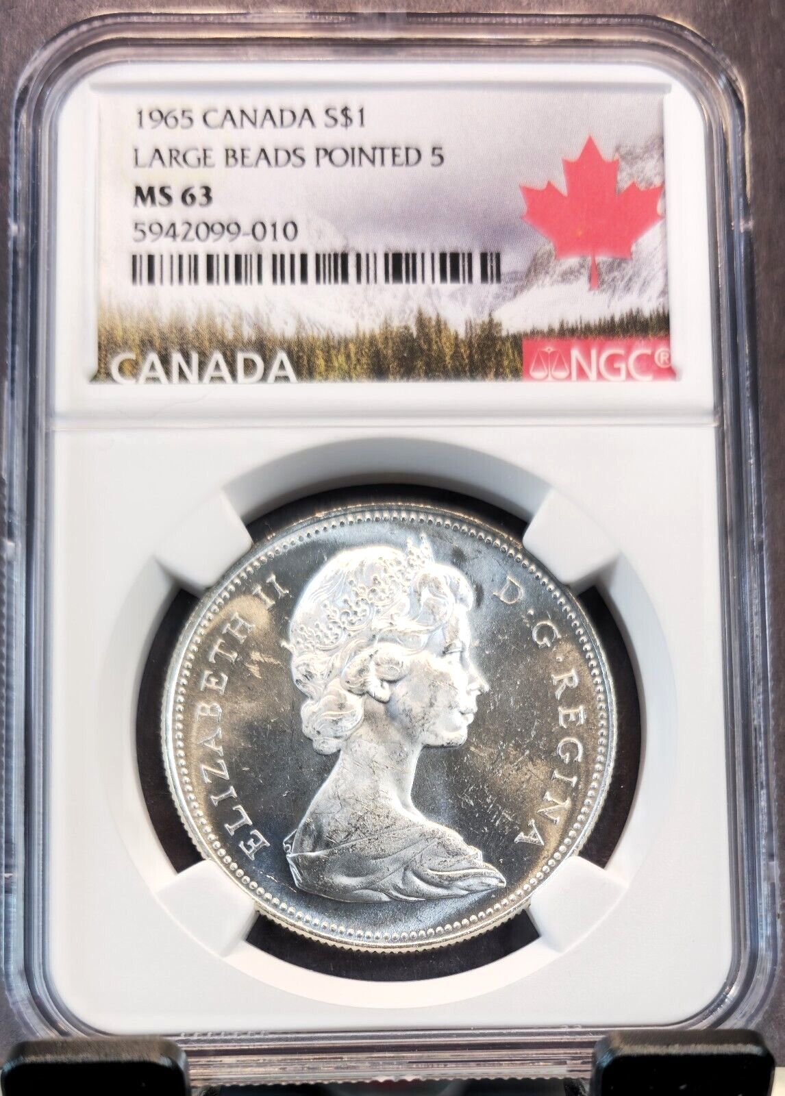 1965 CANADA SILVER 1 DOLLAR LARGE BEADS POINTED 5 NGC MS 63 RARE NON PL VARIETY
