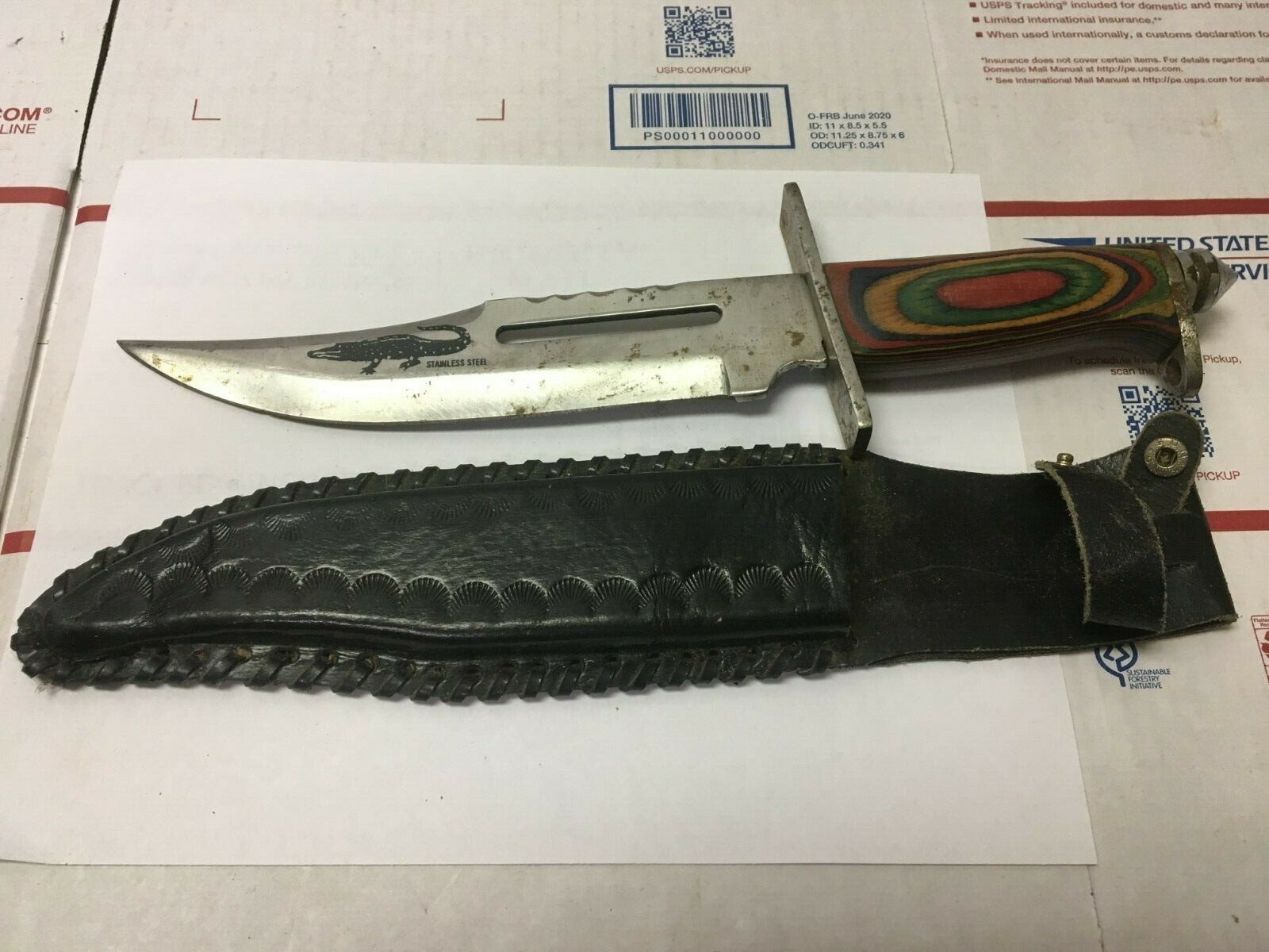 Pakistan Fixed 8" Blade Hunting Knife Multi-Color Wood Handle w/Sheath Gator 13"
