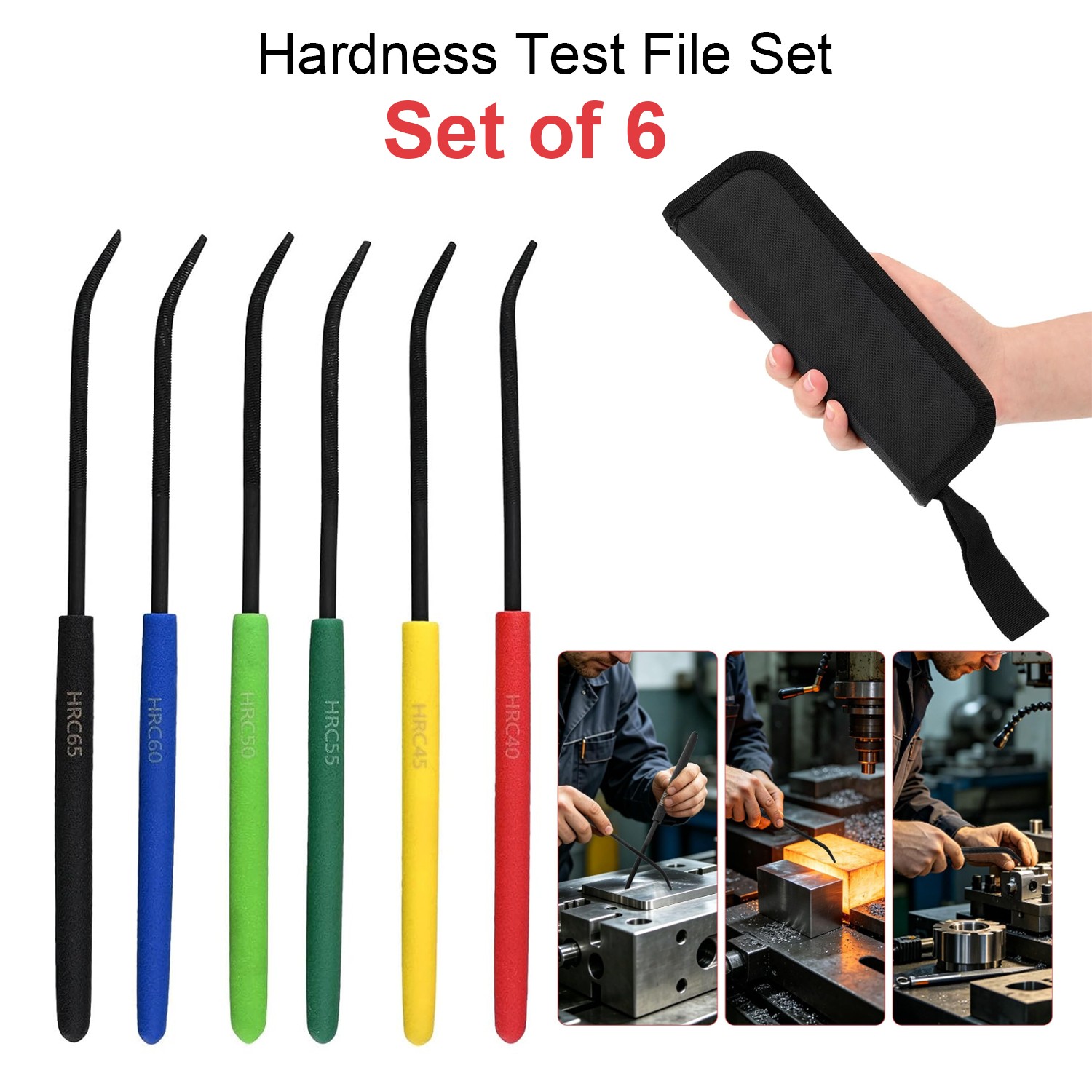 Hardness Test File Set, Set of 6 Color Coded HRC 40-65 for Steel Testing