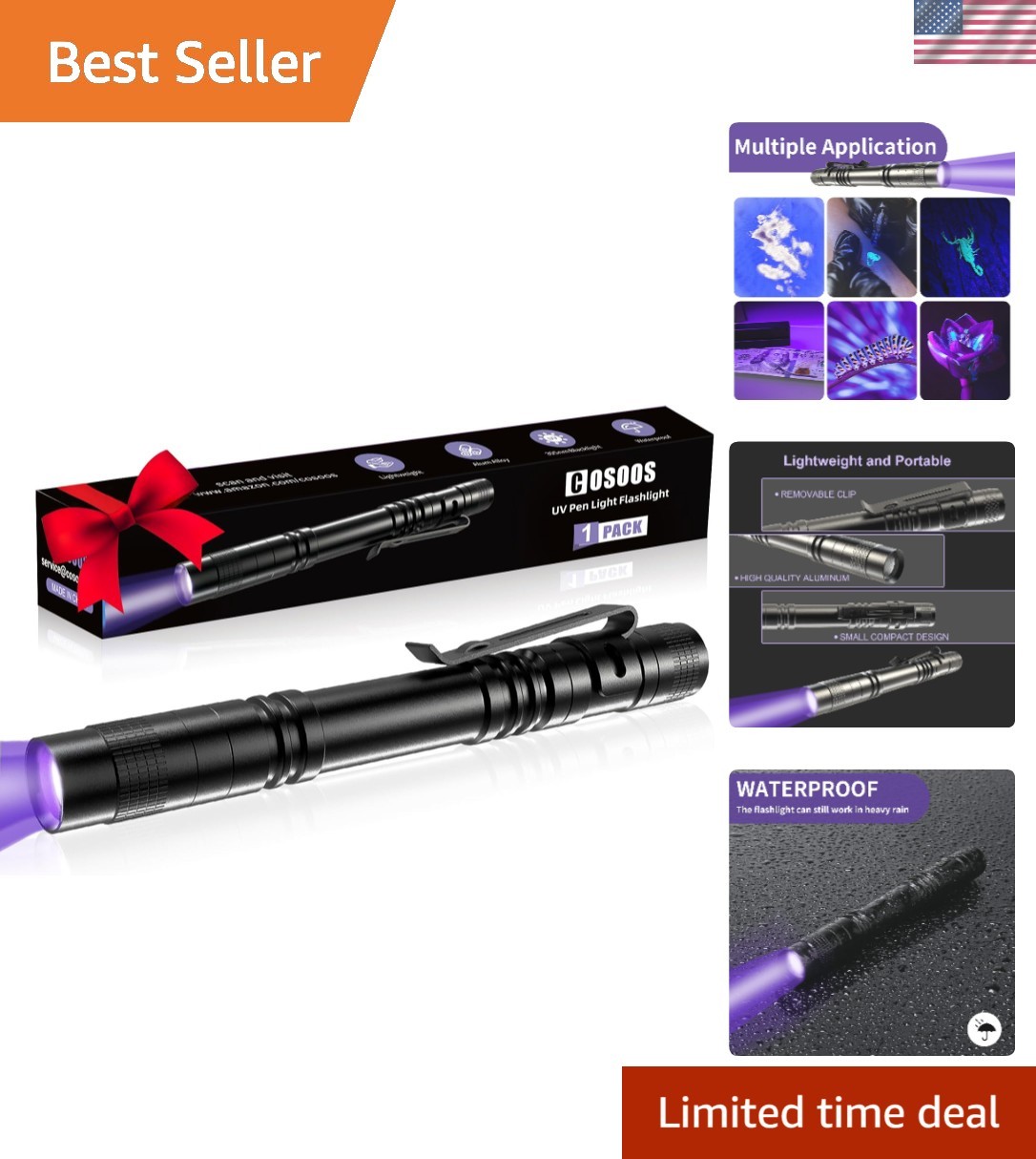 COSOOS UV Black Light Flashlight, 395nm Mini Pen with 1 Pack,