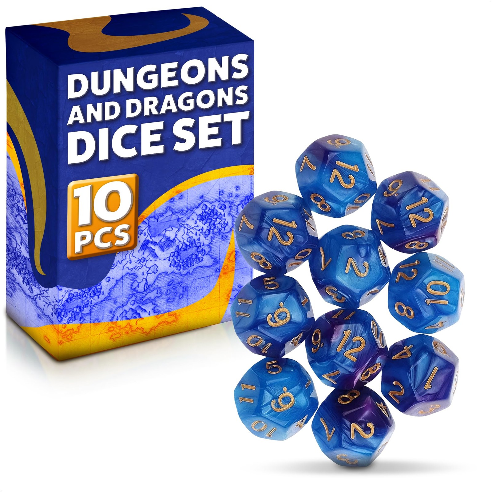 D12 Dice Set of 10, Polyhedral Resin, 12mm (Blue), Visible Numbers