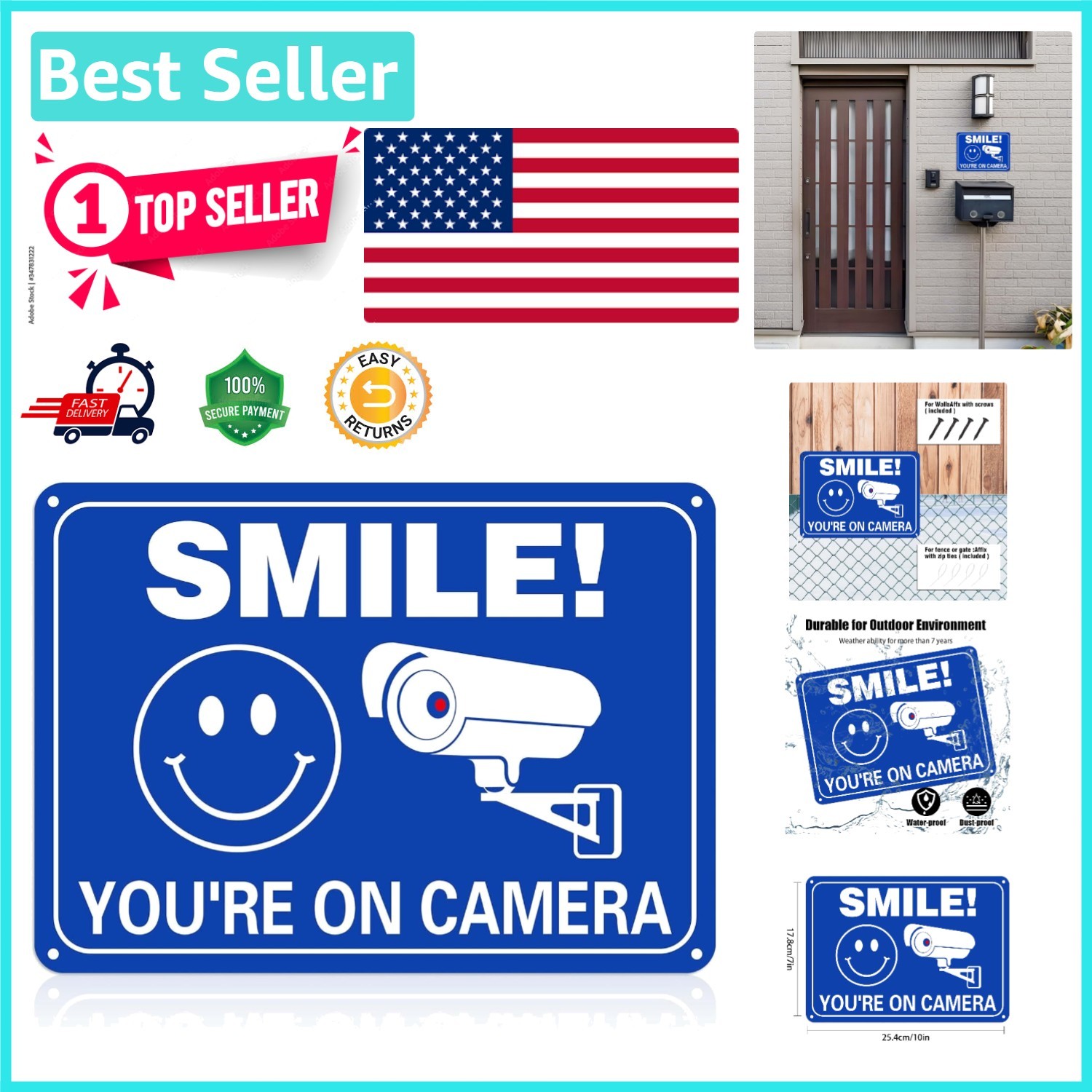 Smile You're on Camera Security Sign - Rust-Free Aluminum, 10x7 Inch, UV Printed