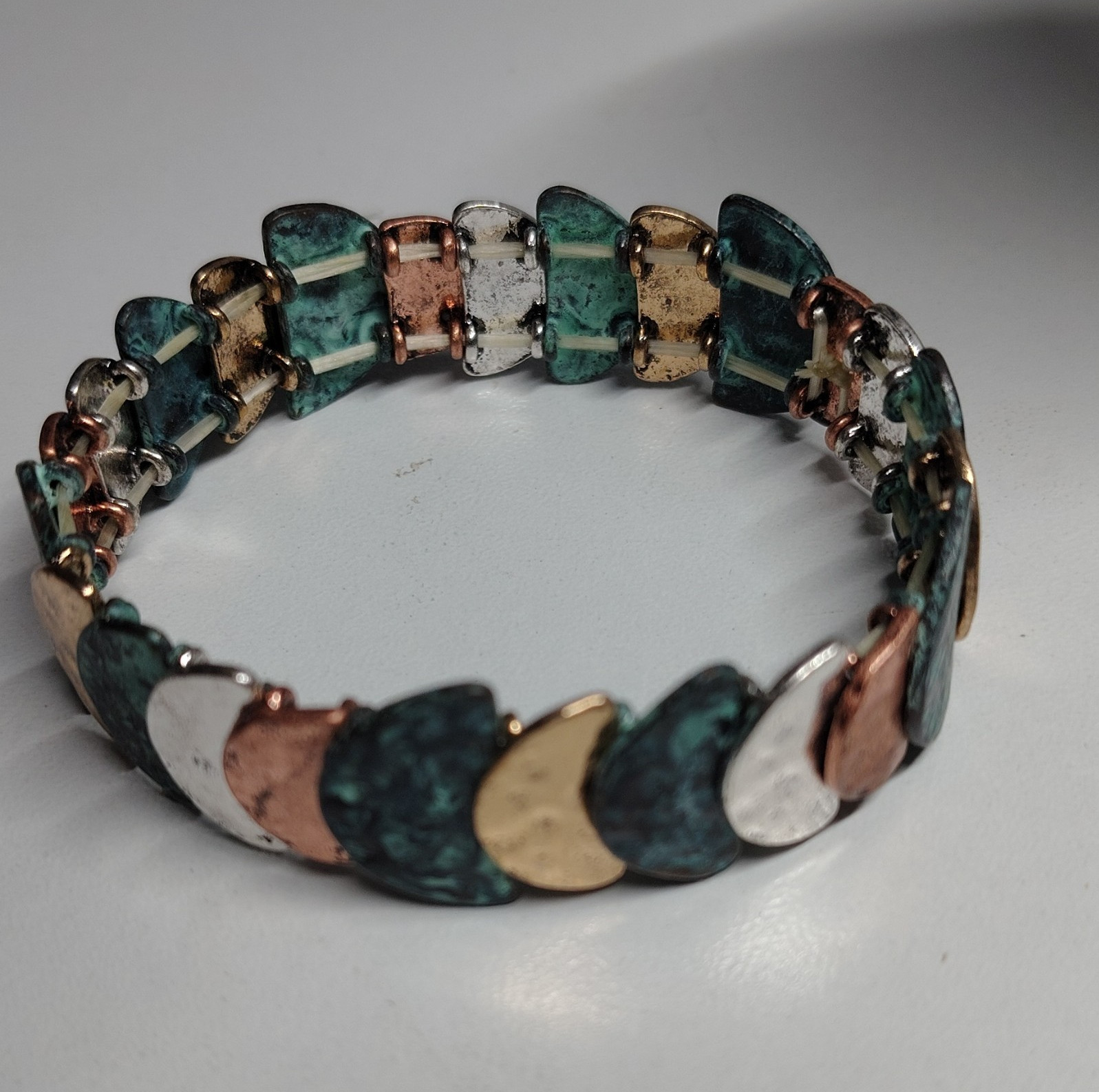 Multicolor Copper Link Bracelet, Artisan Half Moon Design, Art Theme