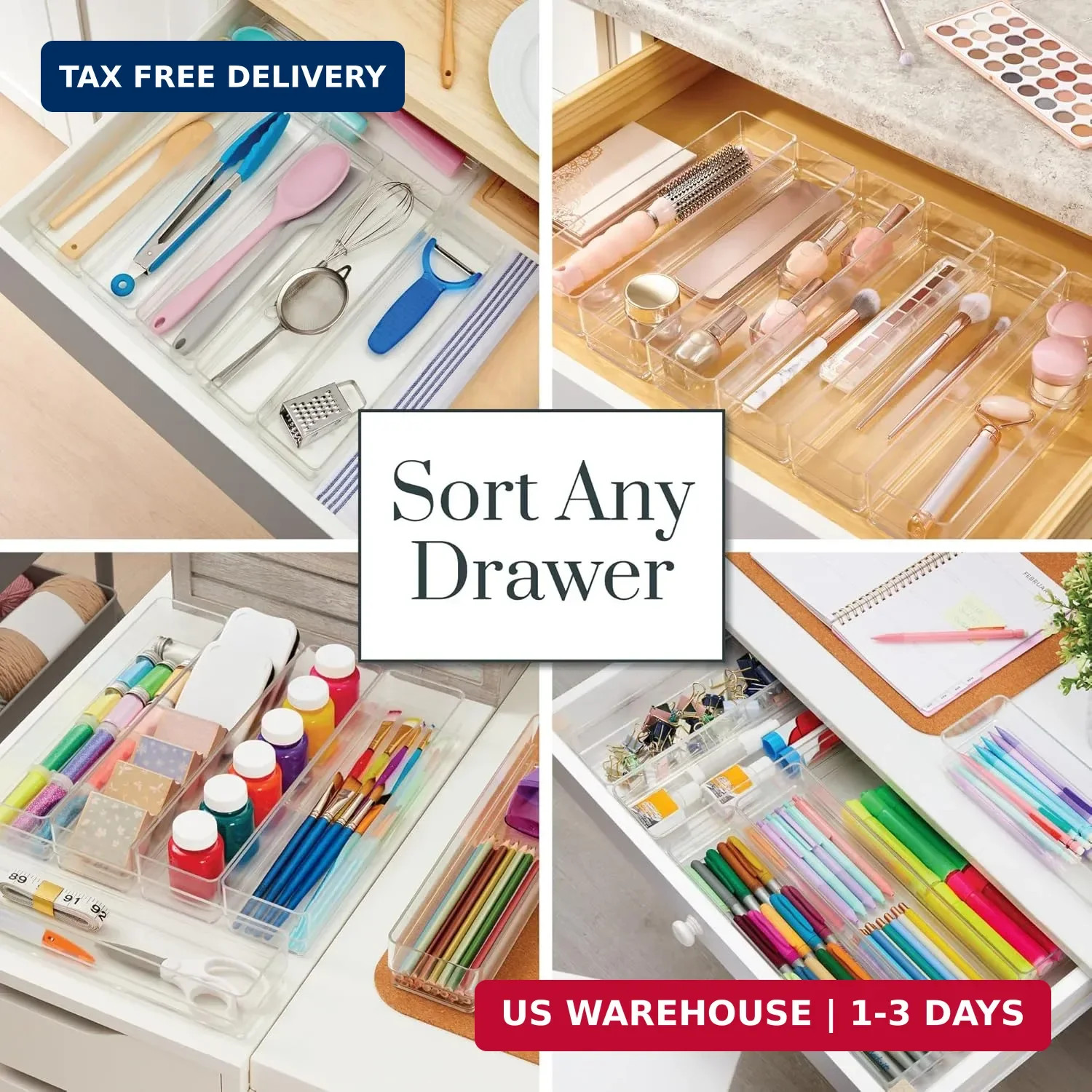 SimpleSort 6-Piece Stackable Clear Drawer Organizer Set | 12" x 3" x 2" Re