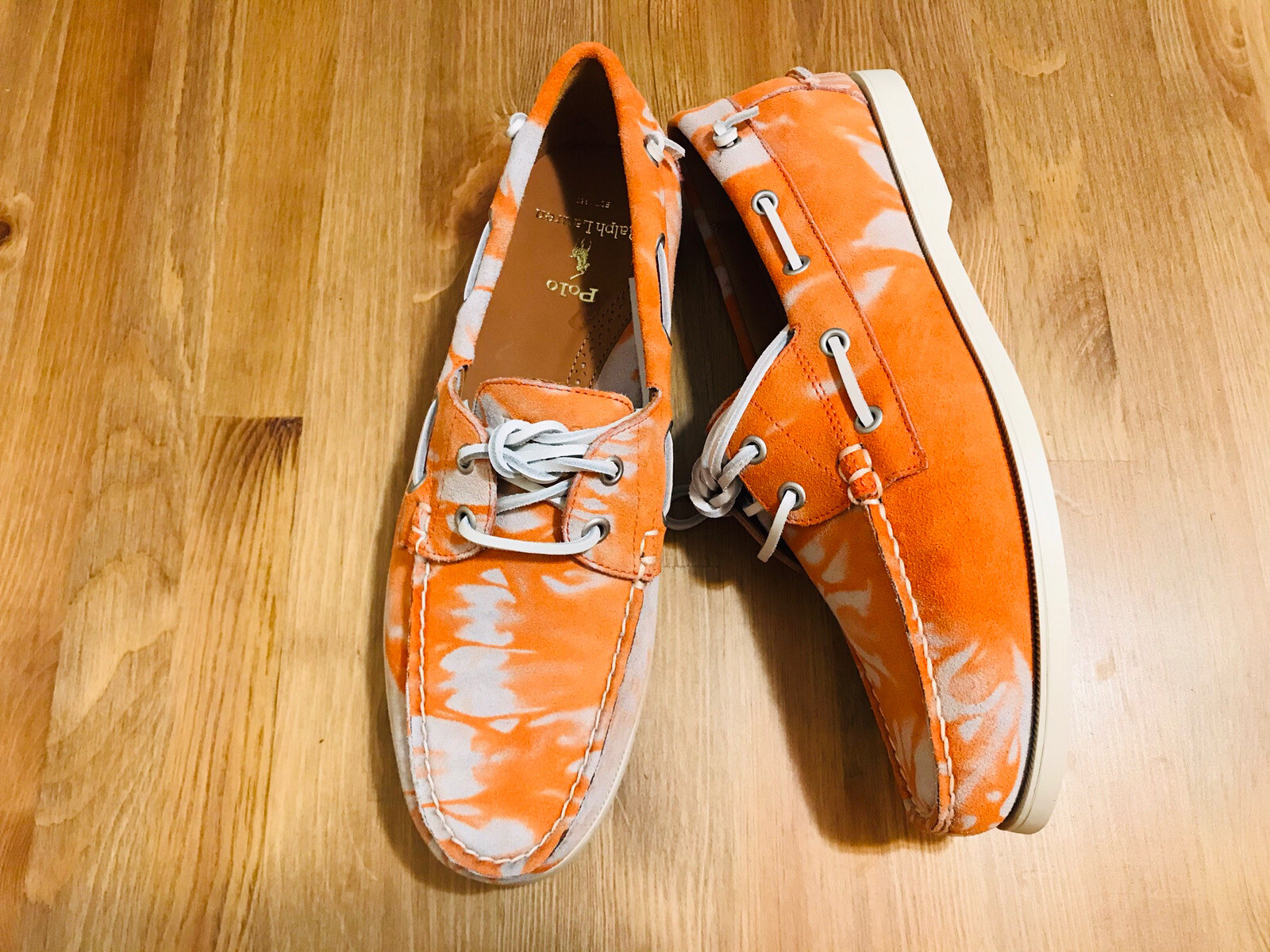 Ralph Lauren Polo Merton suede boat shoes orange abstract NWOB size 11.5