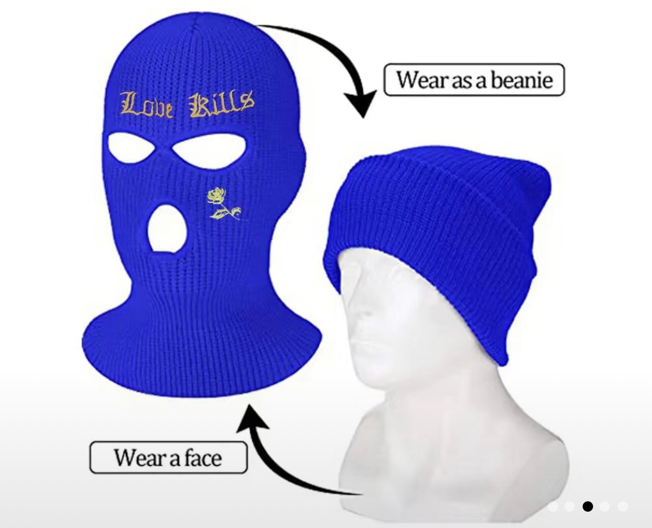 Balaclava RED 100% Acrylic Embroidered Love Kills Ski Mask One Size Fits All