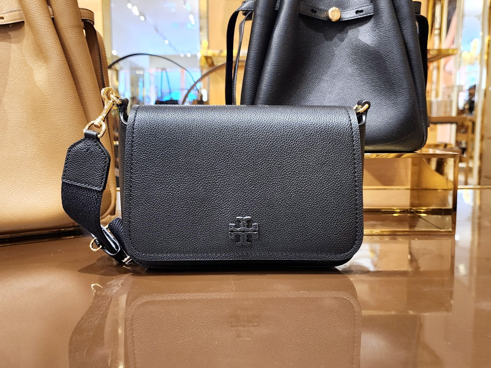 Tory Burch Thea Black Pebbled Leather Flap Crossbody Shoulder Bag Purse 170477