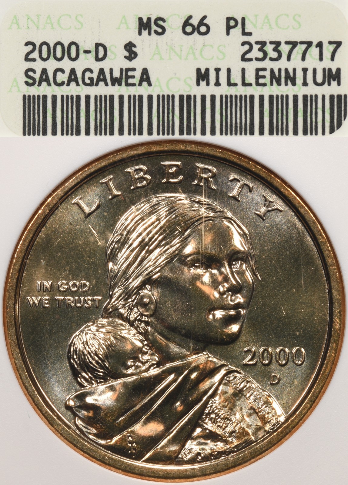 2000-D $1 ANACS MS66 PL Sacagawea Millennium Set Prooflike Soapbox