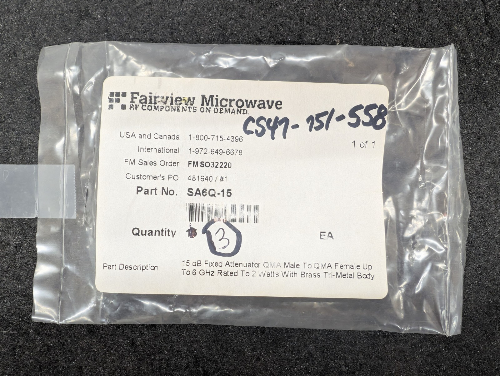 New, Fairview Microwave, SA6Q-15, 15 dB Fixed Attenuator QMA Male To QMA Female