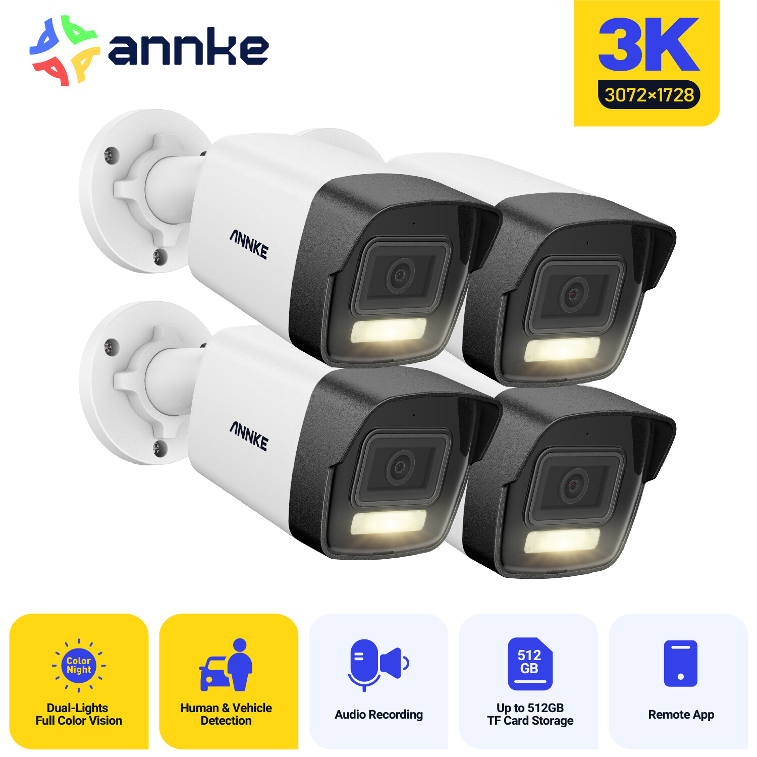 ANNKE 4pcs 5MP Audio POE 3K Outdoor Security IP Camera C500P AI Color Night IP67