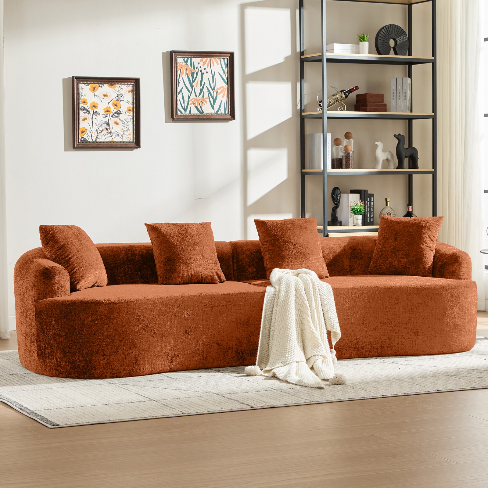 Curved Loveseat, Small Chenille Sofa with 3 Pillows, Deep Seat Couch for A