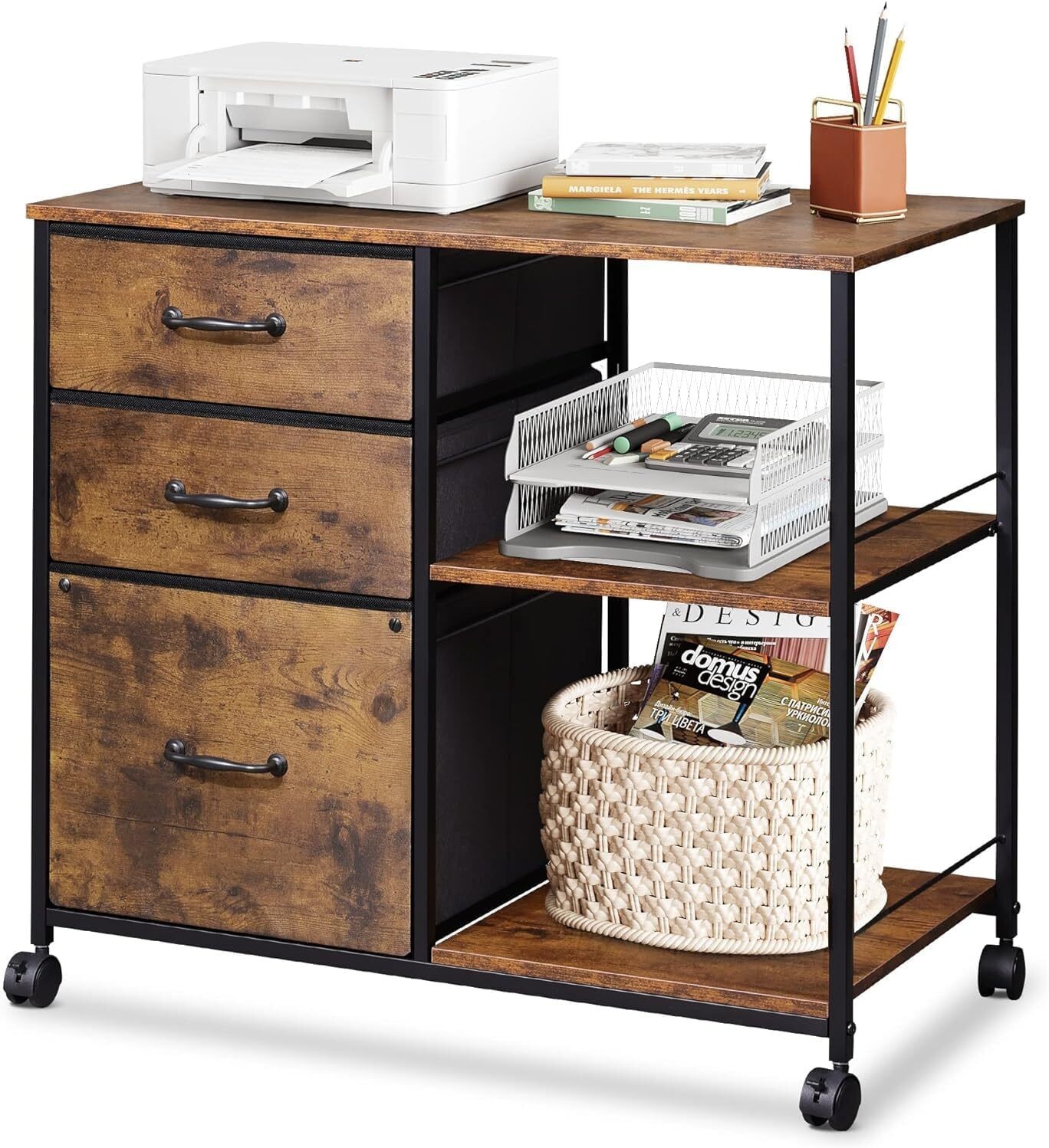3 Drawer Mobile File Cabinet Rolling Printer Stand W/ Open Storage Shelf Office