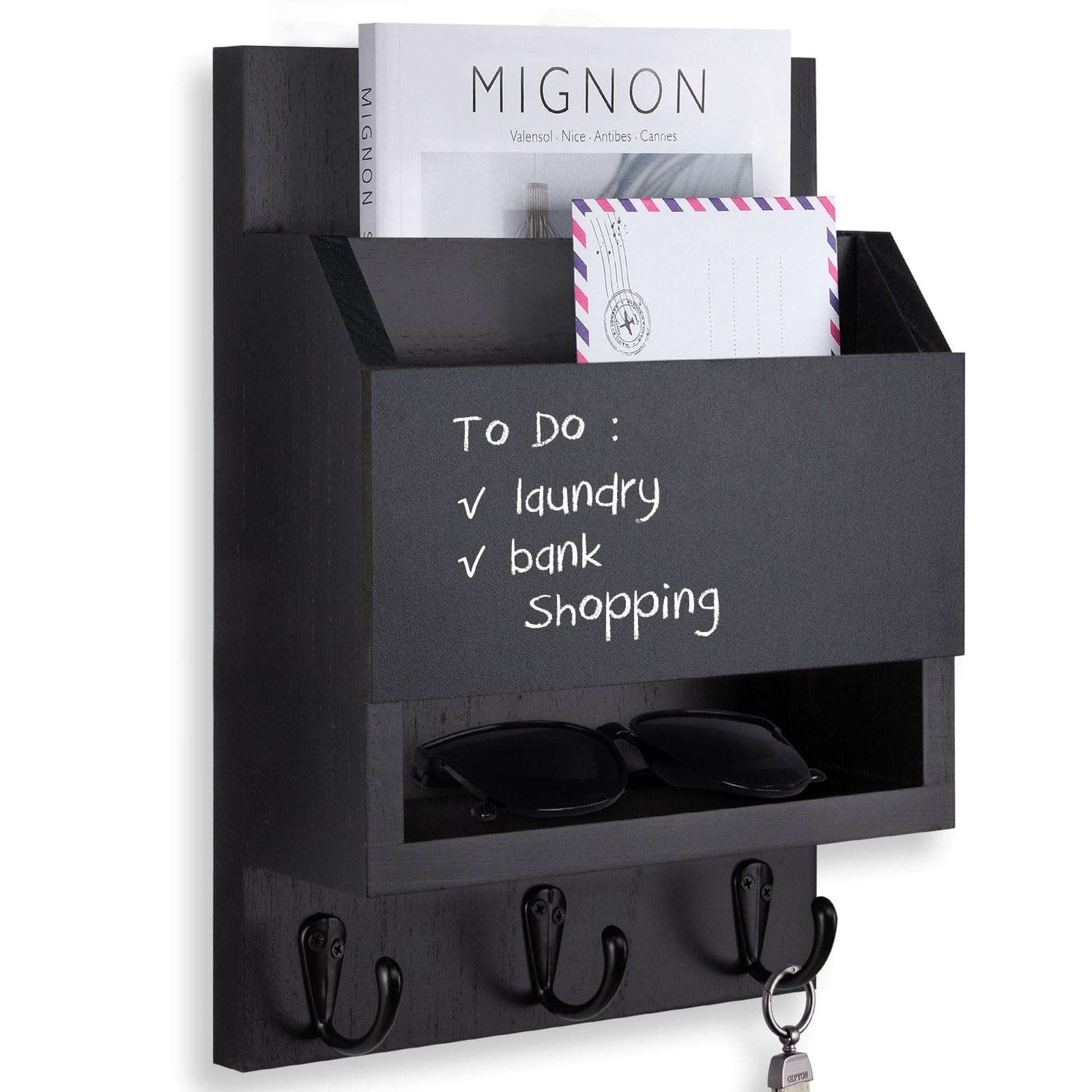 Black Key, Mail Holder, Wall, Chalkboard, Storage Box, 3 Hooks, Entryway, Org