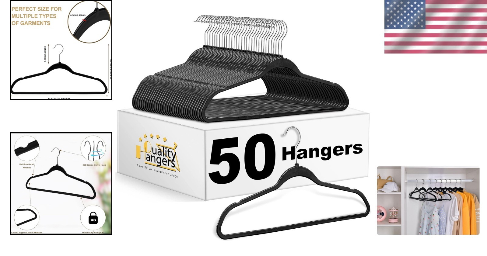 50-Pack Slim Black Plastic Hangers with Rotatable Chrome Hooks - Space-Saving