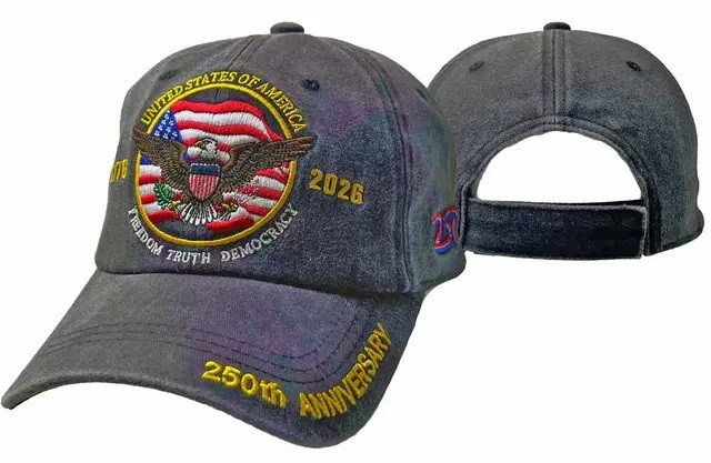 250 Anniversary USA Hat, Adjustable 250 Year American Hat CAP BLACK WASHED STYLE