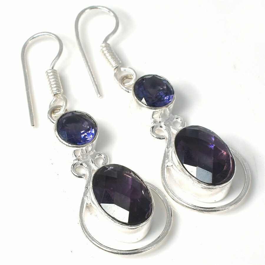 Purple Amethyst Gemstone Handmade 925 Sterling Silver Jewelry  Earring Size 1.8"
