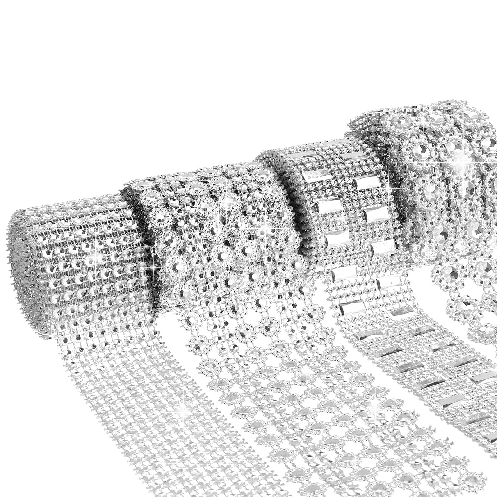 4 Rolls 2 Yards Bling Crystal Rhinestone Ribbon, Sparkly Silver Flower