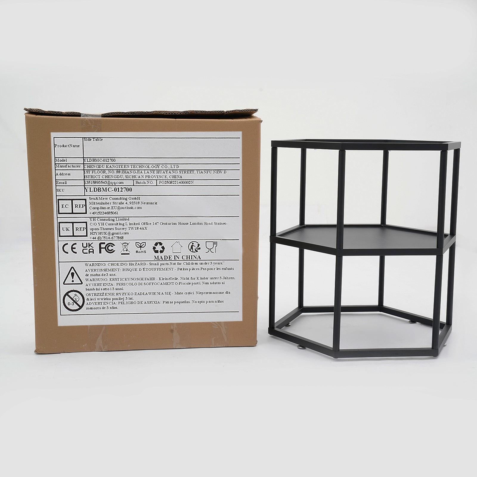 Modern Side Table, Hexagonal Side Table, Iron Side Table with 2-Tier Storage She