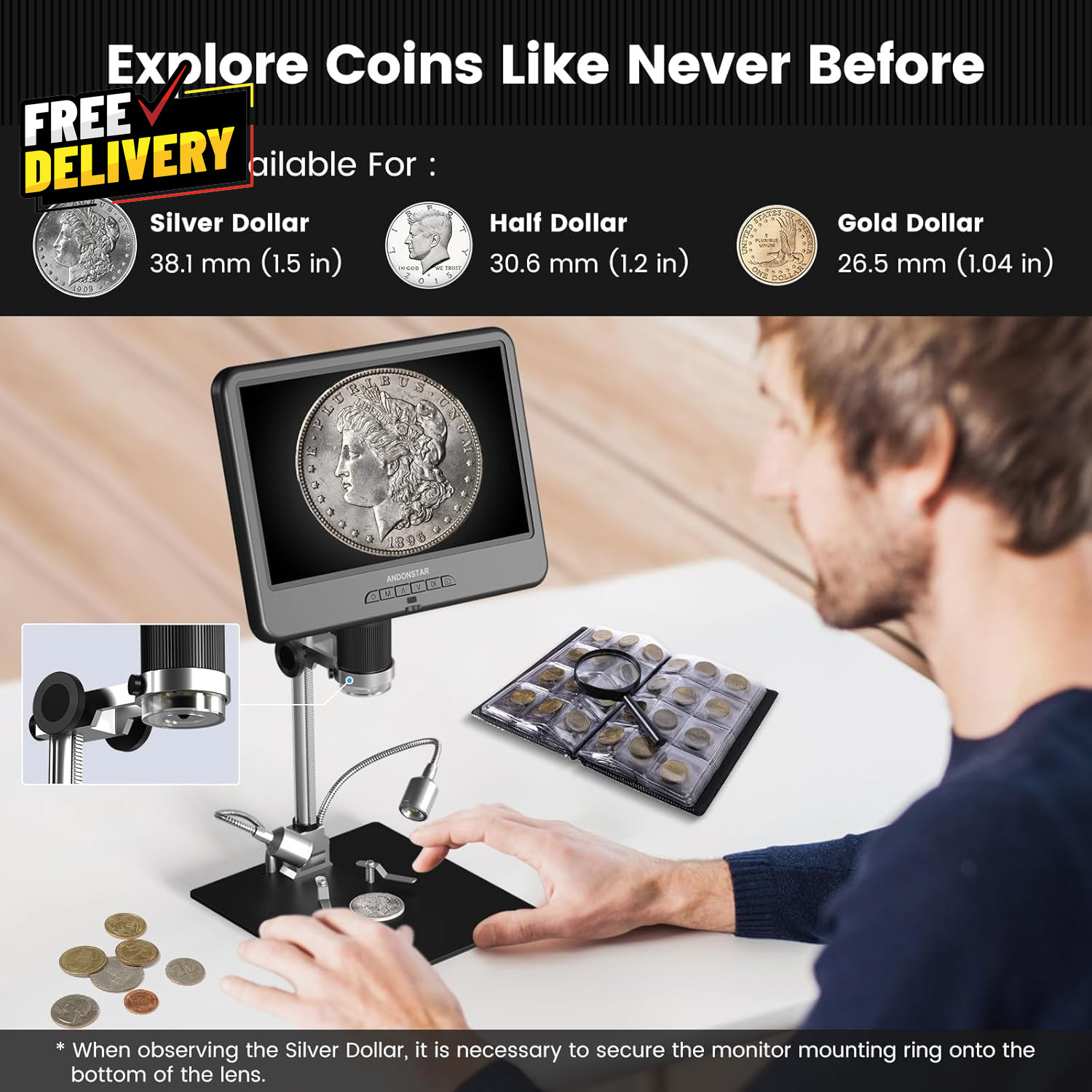 AD210 10.1" LCD Digital Microscope for Electronics Repair Coins w/ Light 32GB