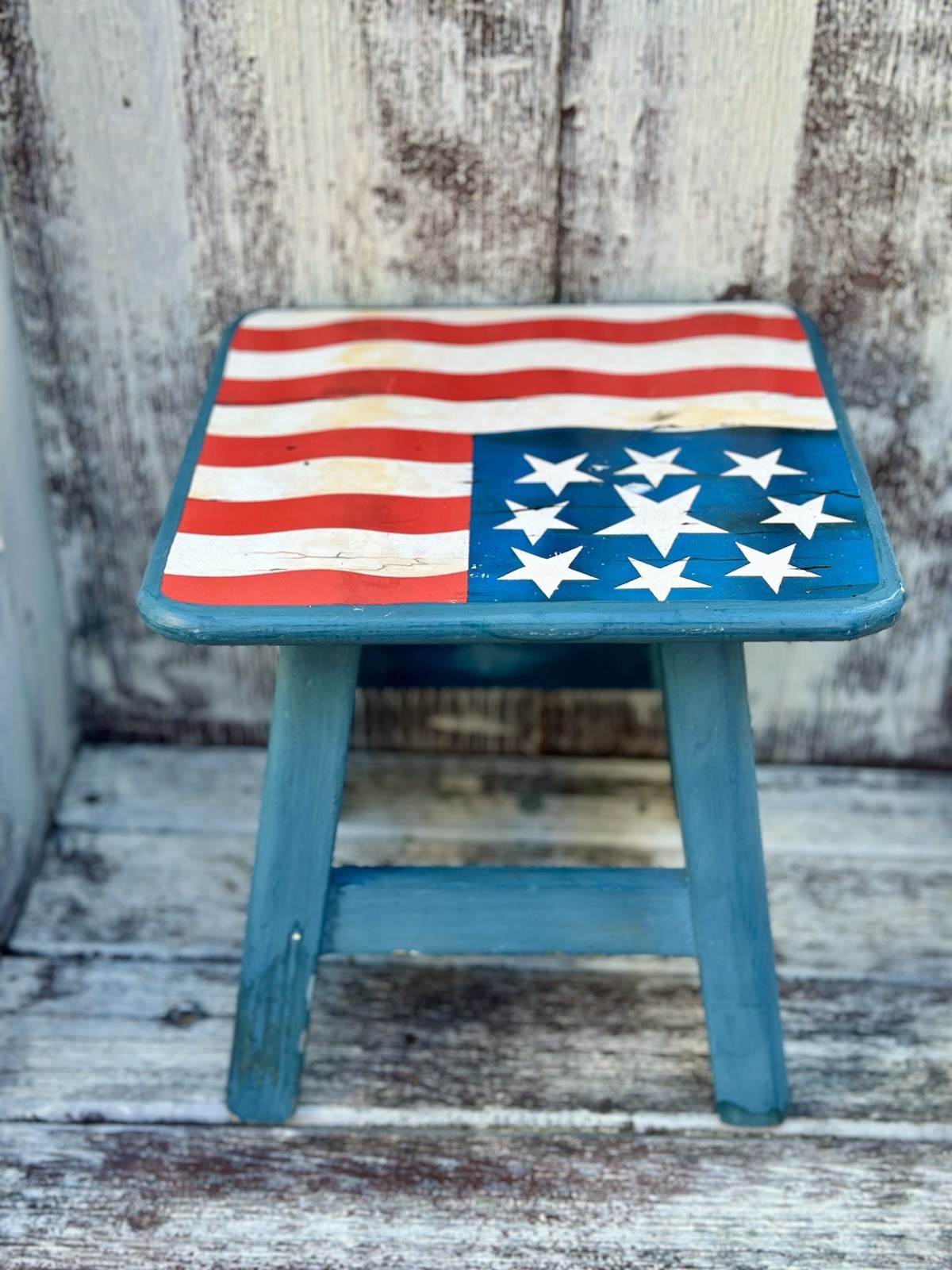 VTG Americana Theme Rustic American Flag Wood Foot/Stepping Stool Thailand