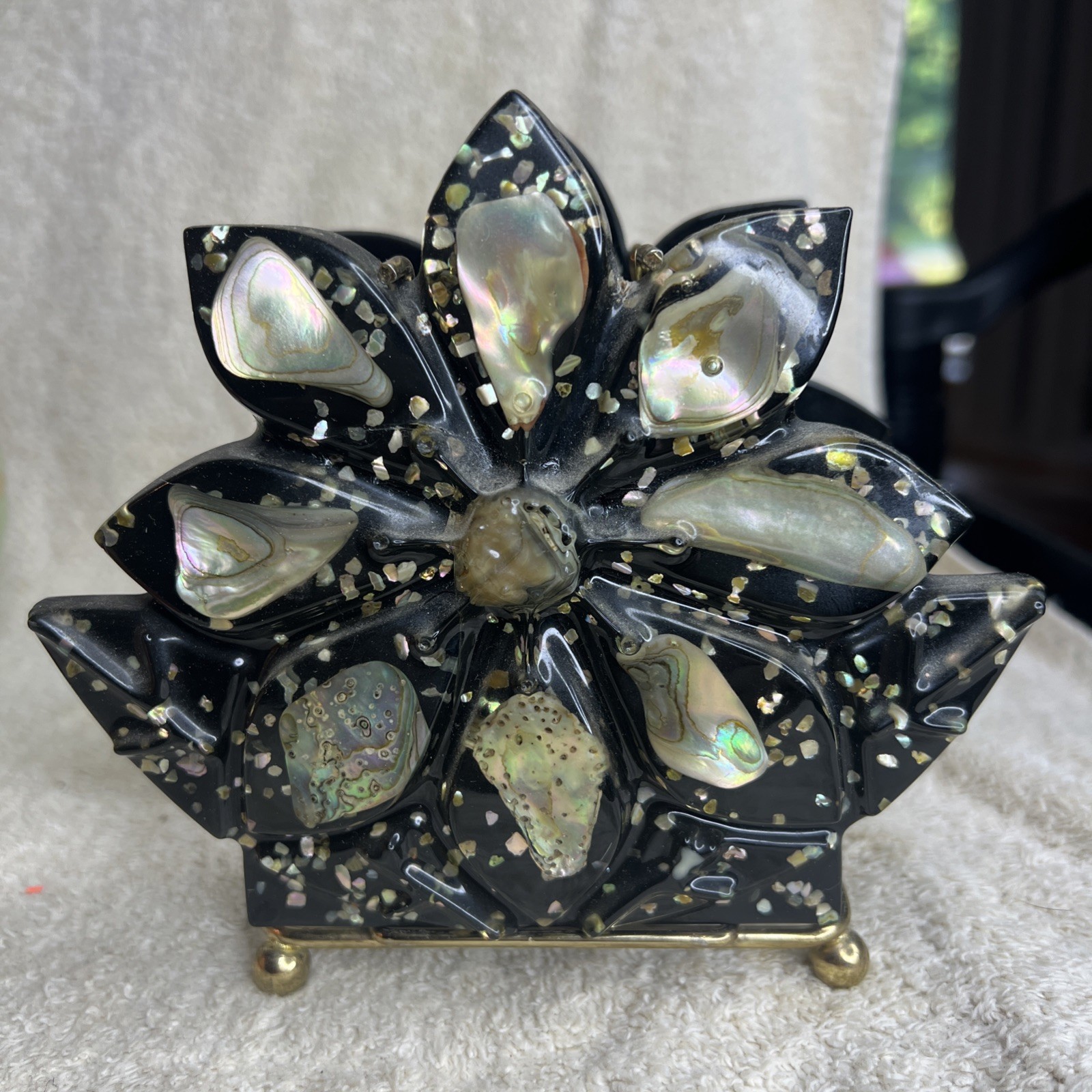 VTG Napkin Letter Holder  Lucite Abalone Shell Glitter Plastic Ocean