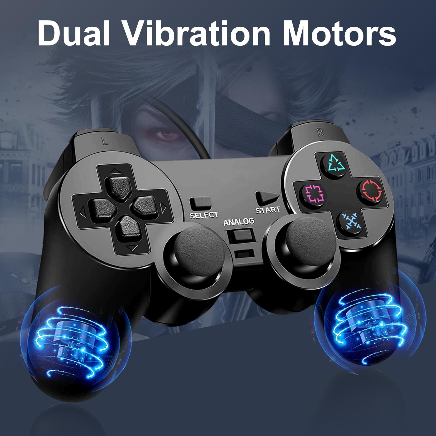 Wired PS2 Controller 2 Pack for PS2, PS2 Slim, PS1 with Dual Vibration Feature