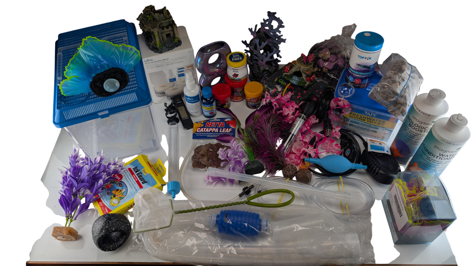 Freshwater Aquarium Starter Lot - Test Kit, Heater, Gravel Vacuum, Foods & Decor